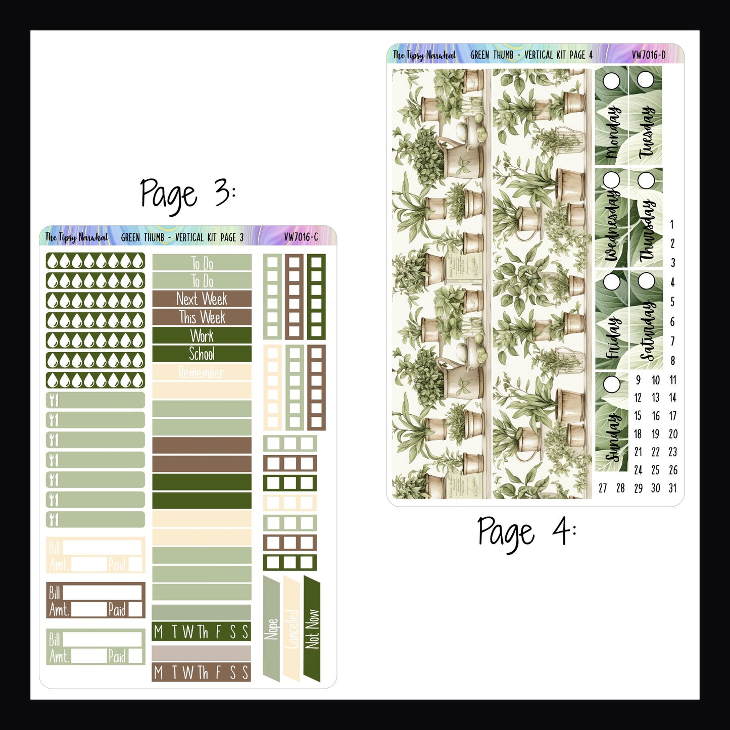 Green Thumb Vertical Weekly Kit Pages 3 & 4.  Page 3 features hydration and meal tracking stickers, header stickers, checklist stickers, cancellation stickers as well as bill tracking and habit tracking stickers.  Page 4 features full sized washi strips and date covers. 