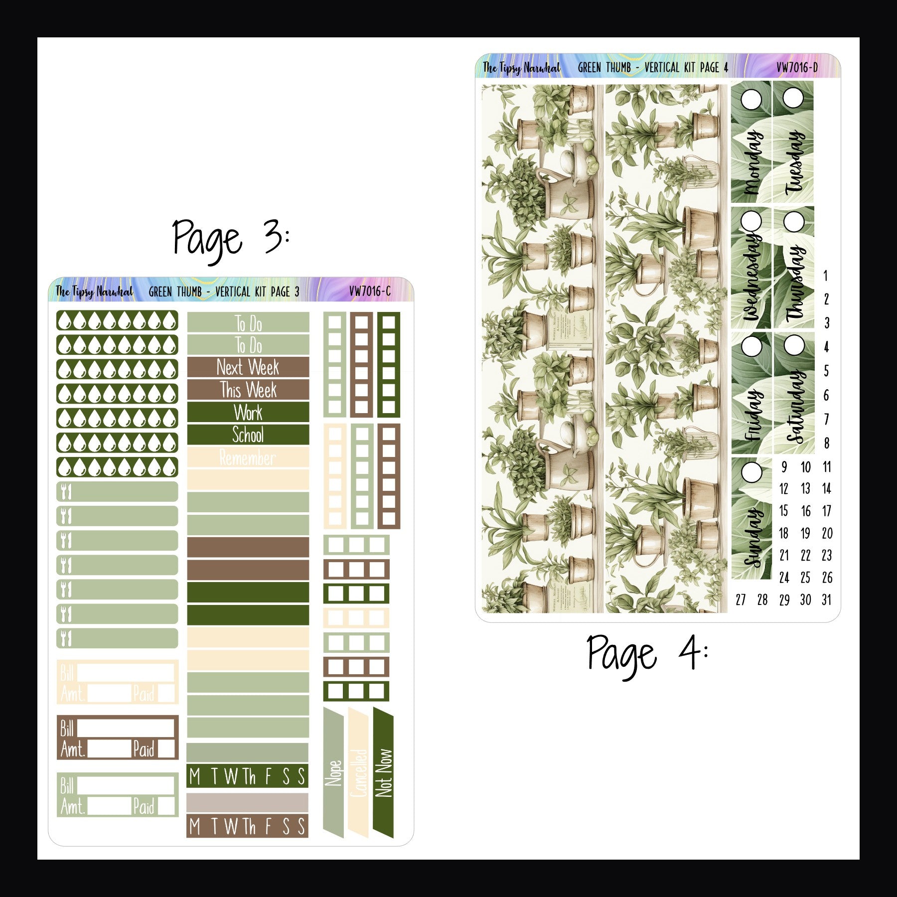 Green Thumb Vertical Weekly Kit Pages 3 & 4.  Page 3 features hydration and meal tracking stickers, header stickers, checklist stickers, cancellation stickers as well as bill tracking and habit tracking stickers.  Page 4 features full sized washi strips and date covers. 