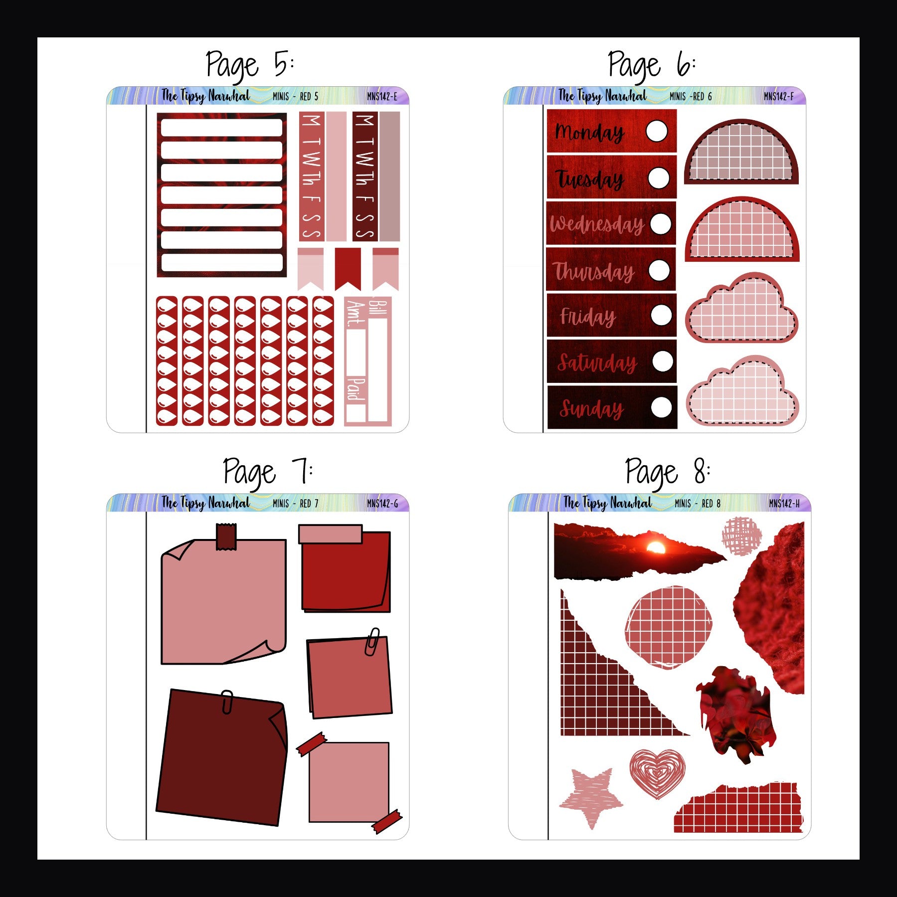 Red Freestyle Minis pages 5-8.  Each quarter sized sheet features a different selection of red themed stickers. 