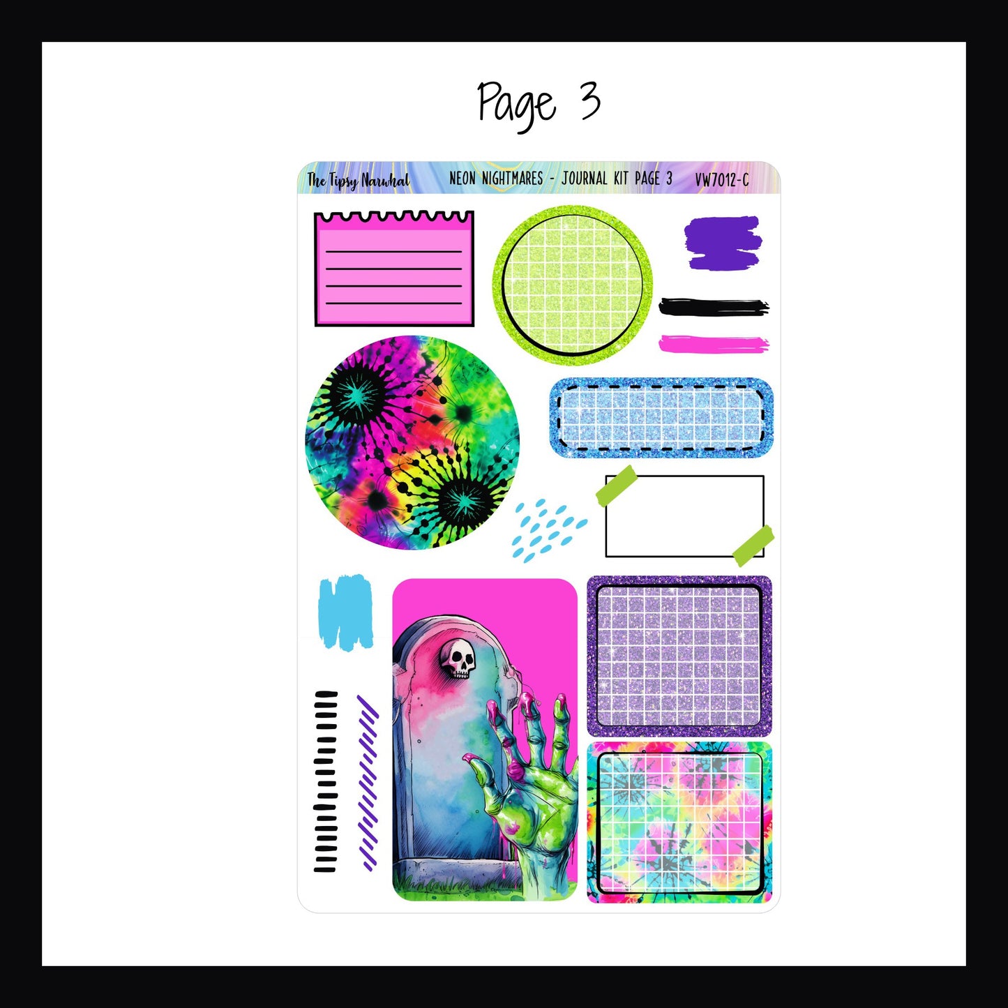 Neon Nightmares Journal Kit page 3 features various boxes and circles for decor and journaling.  There are also additional scribble stickers and some notes style stickers. 