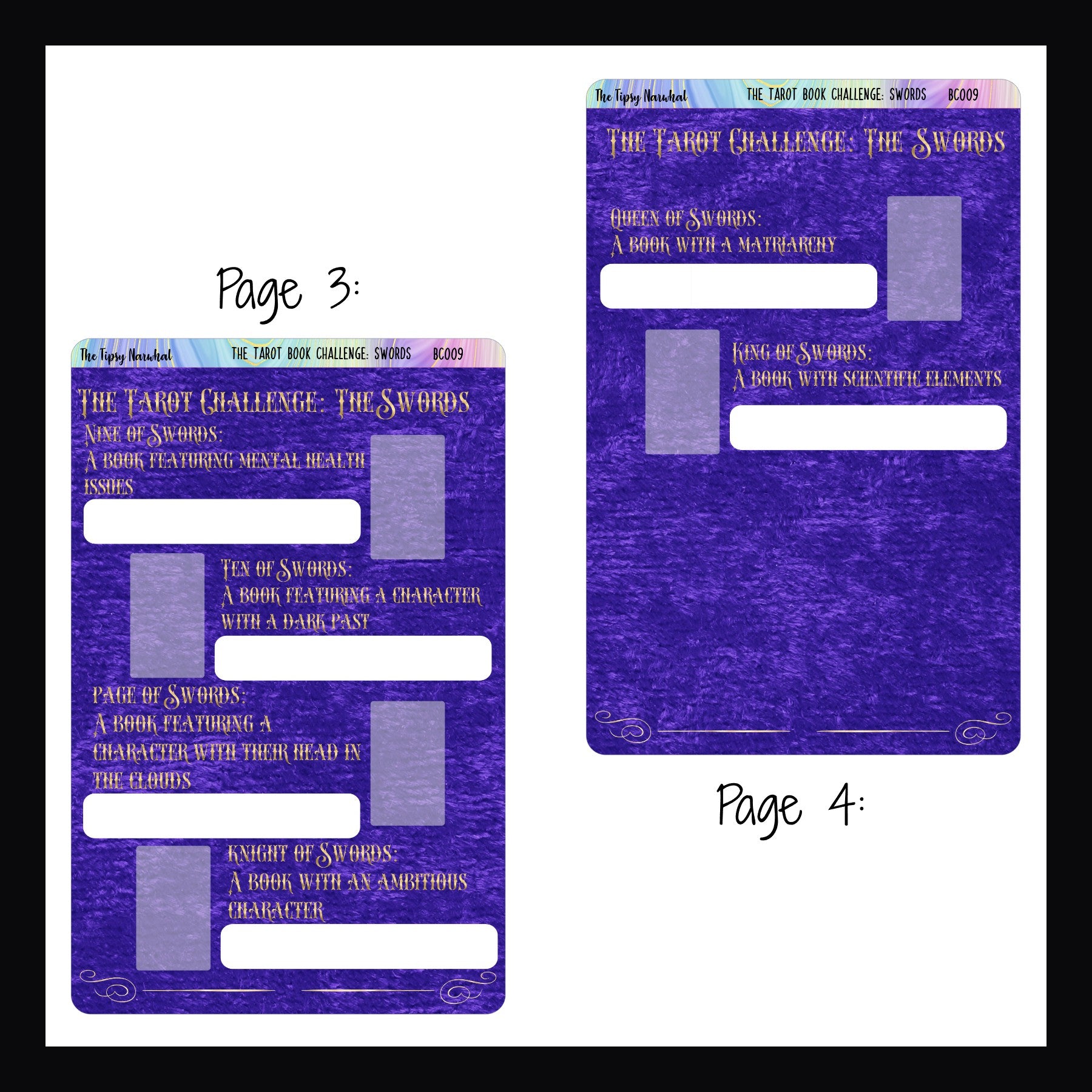 The Tarot Book Challenge: Swords pages 3 & 4.  Page 3 features 4 book prompts while page 4 features 2.  Both pages have space to write in the book info as well as a spot to place the corresponding card sticker when the book is complete. 