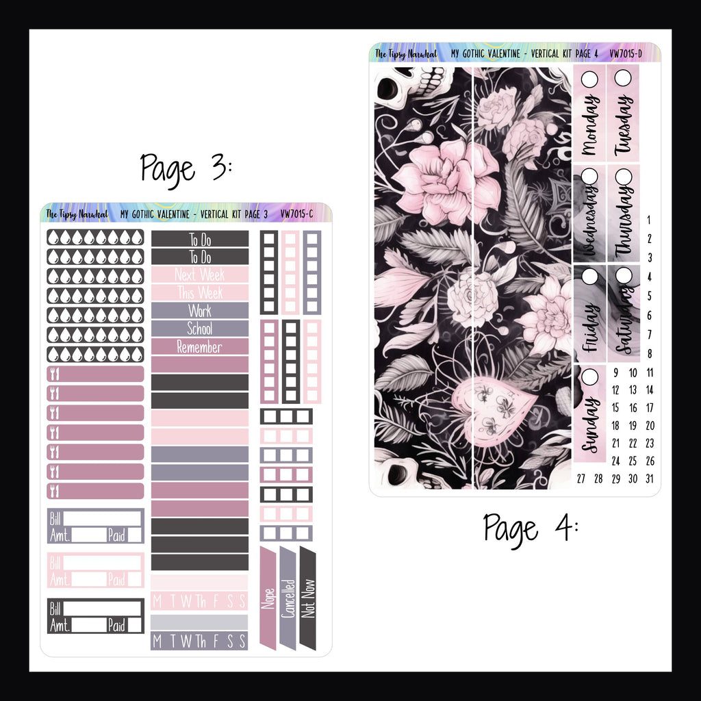 My Gothic Valentine Vertical Weekly Kit pages 3 and 4.  Page 3 features header stickers, checklist stickers, tracking for habits, meals and hydration as well as bill tracking and cancellation stickers.  Page 4 features large format washi, and date covers. 