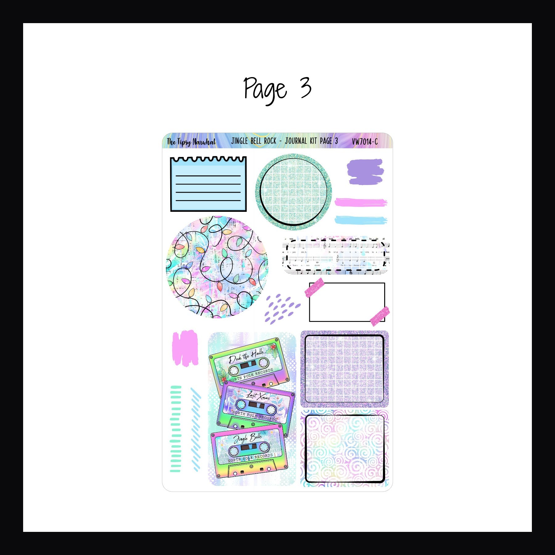 Jingle Bell Rock Journal Kit page 3 features larger format journaling stickers, some square and circle shaped decor, smaller note style stickers and additional scribble stickers. 