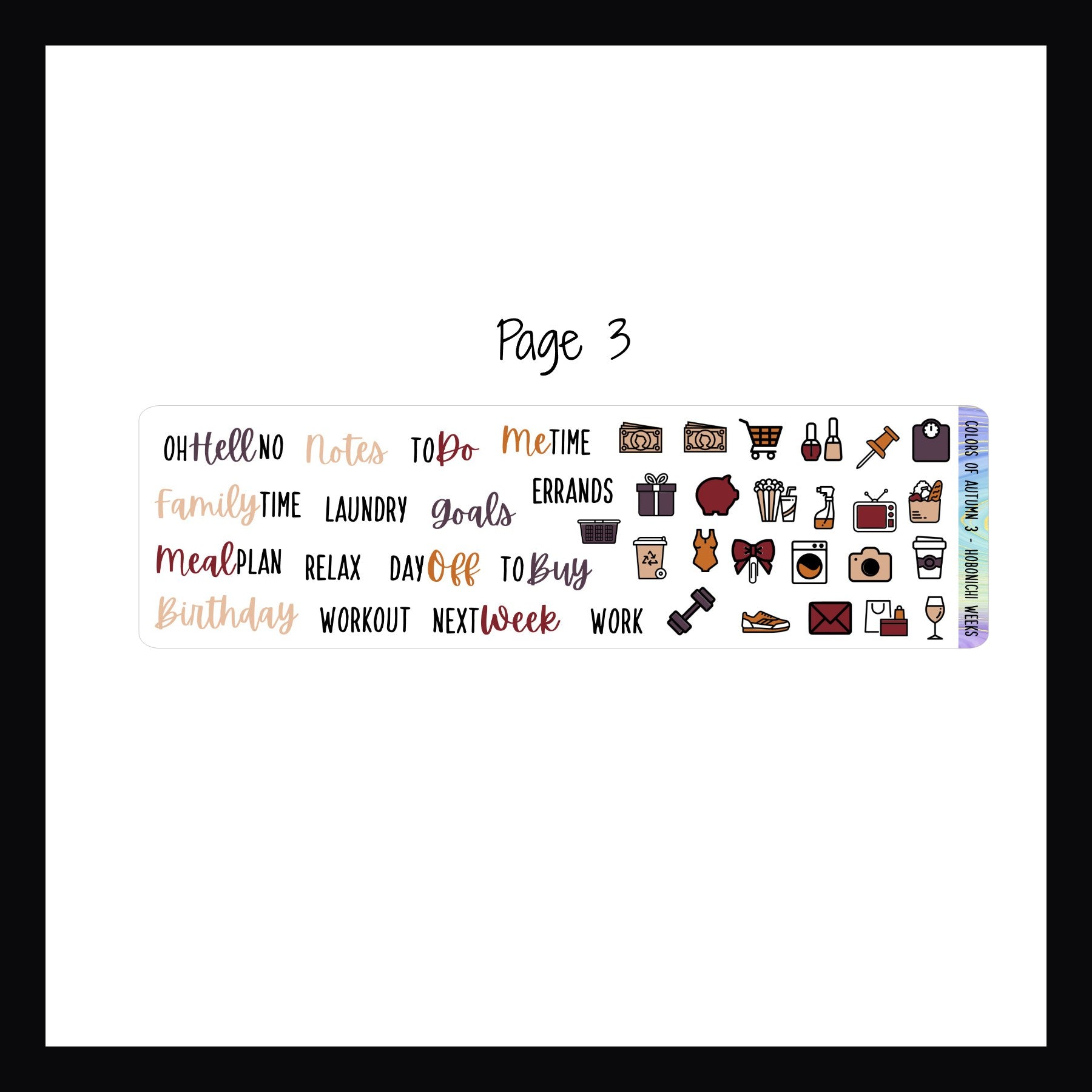 Colors of Autumn Hobonichi Weeks Kit page 3 features script stickers and daily icon stickers.