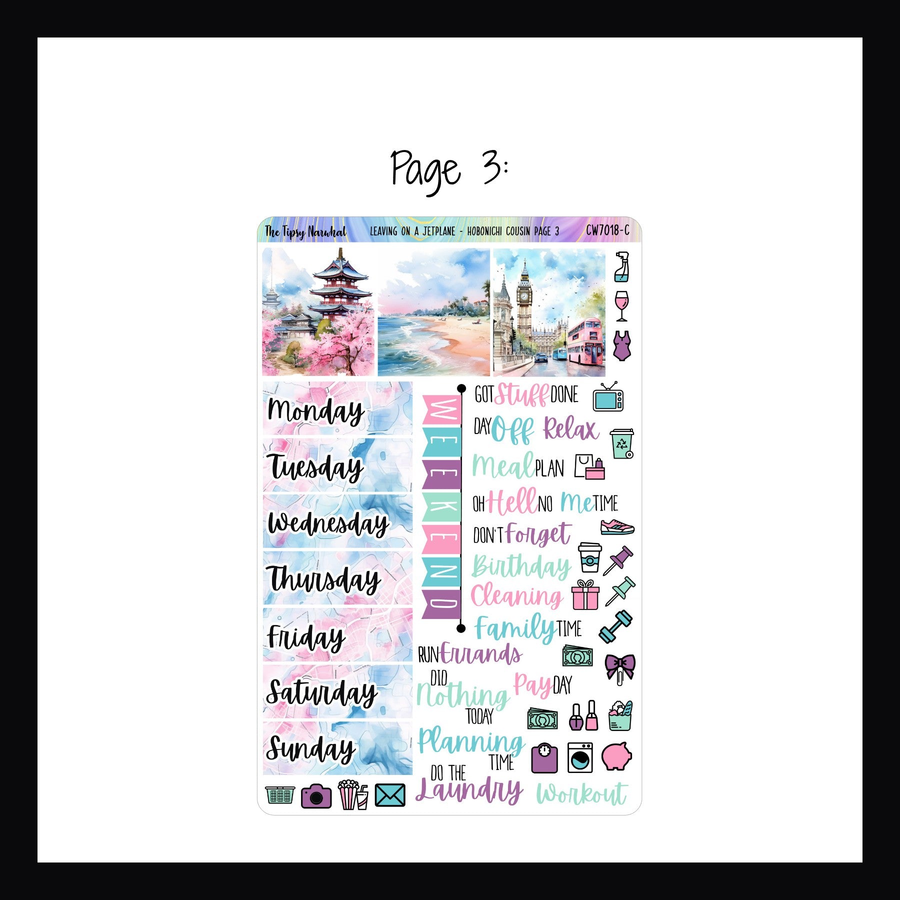 Leaving on a Jet Plane Hobonichi Cousin page 3 features additional date covers, full box decor, weekend banner, script sticker and daily icon stickers. 