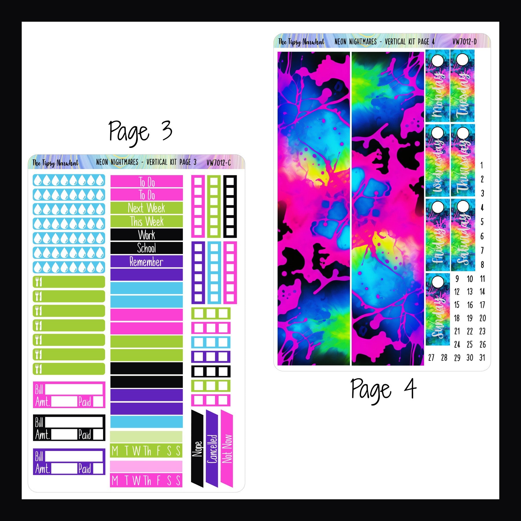 Neon Nightmares Vertical Kit Pages 3 and 4.  Page 3 features water tracking, meal tracking, headers, checklists, habit tracking, bill tracking and cancellation stickers.  Page 4 features washi and date covers. 