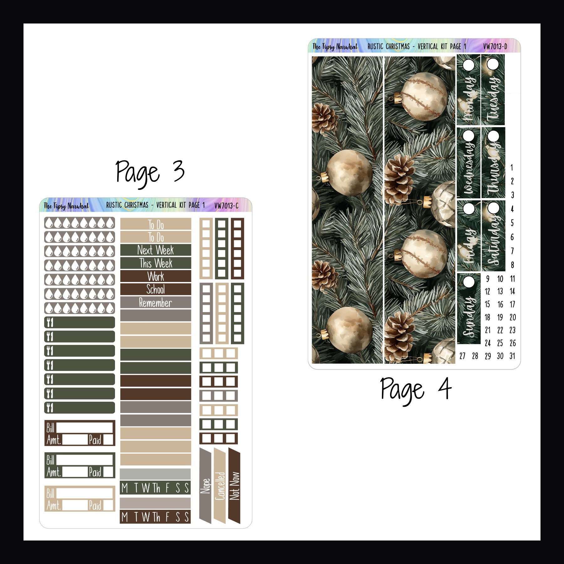 Rustic Christmas Vertical Kit Pages 3 and 4.  Page 3 features water tracking, meal tracking, bill tracking and habit tracking stickers.  It also has header and checklist stickers.  Page 4 features date covers and large washi strips. 
