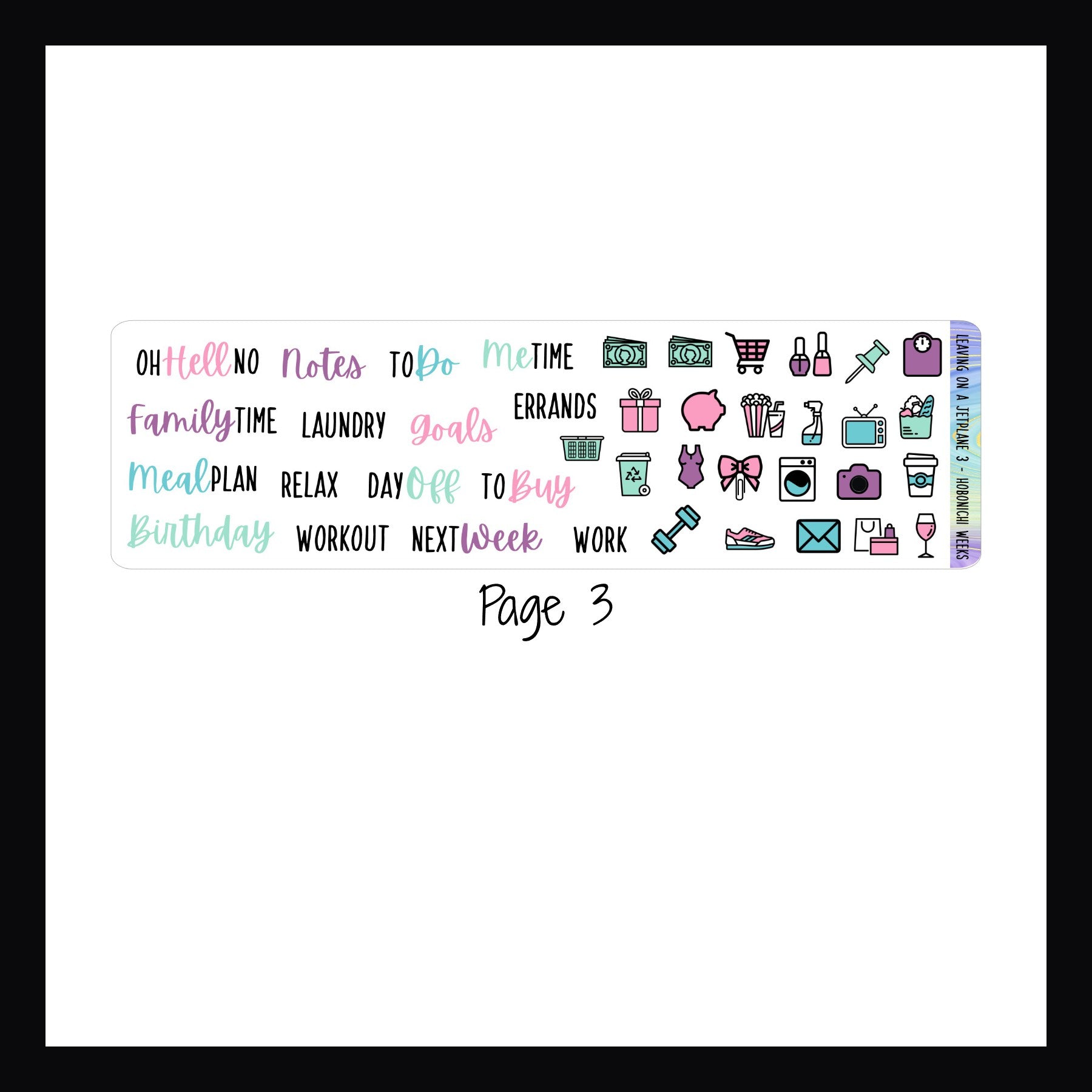 Leaving on a Jet Plane Hobonichi Weeks Kit page 3 features script stickers and daily icon stickers. 
