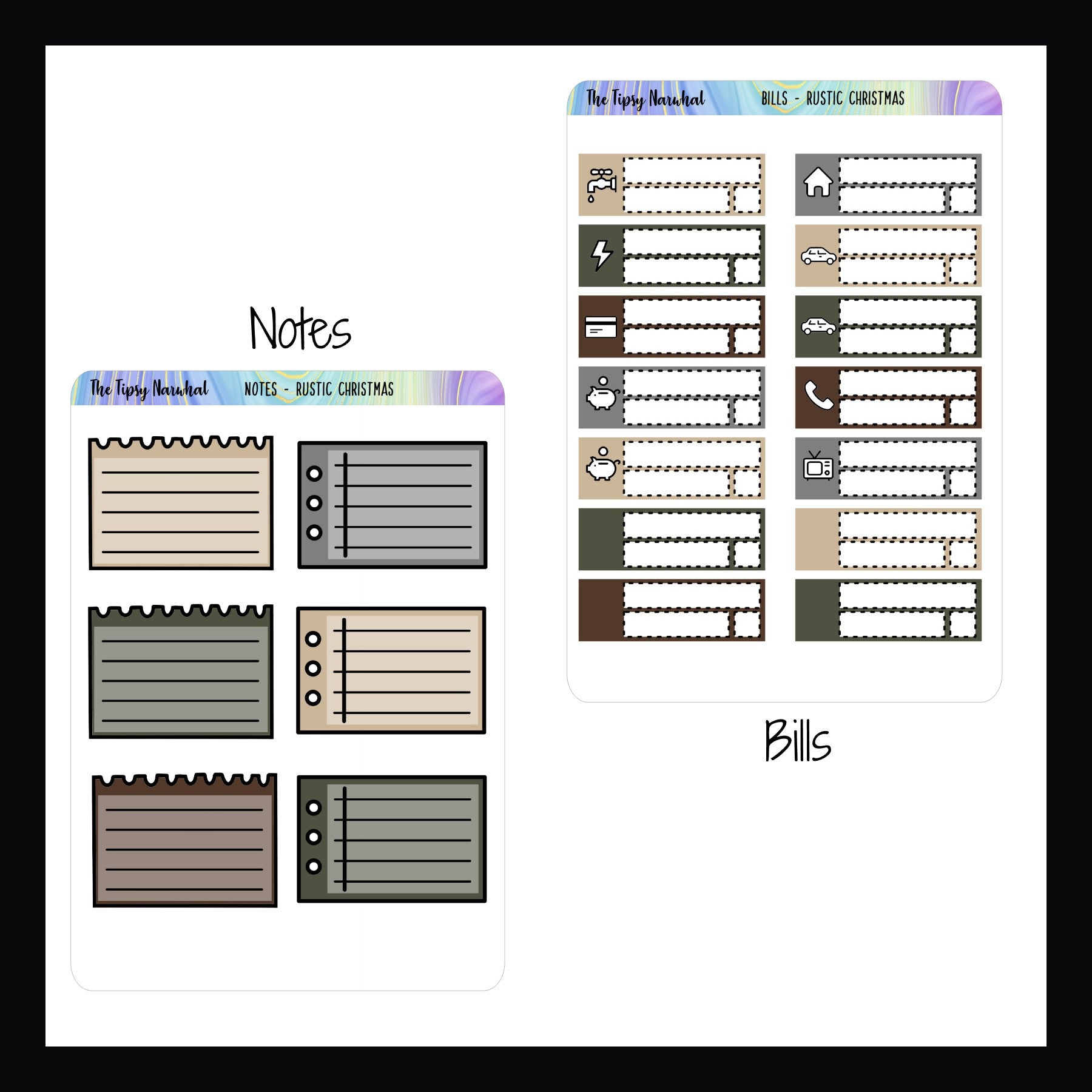 Rustic Christmas Kit Matching Functional  Notes and Bills Sheets.  The Notes sheet features 6 note style stickers. The Bills sheet features 14 stickers to track bills including common utilities, mortgage, car loans, and credit card.  Also includes 4 blank stickers for custom options. 