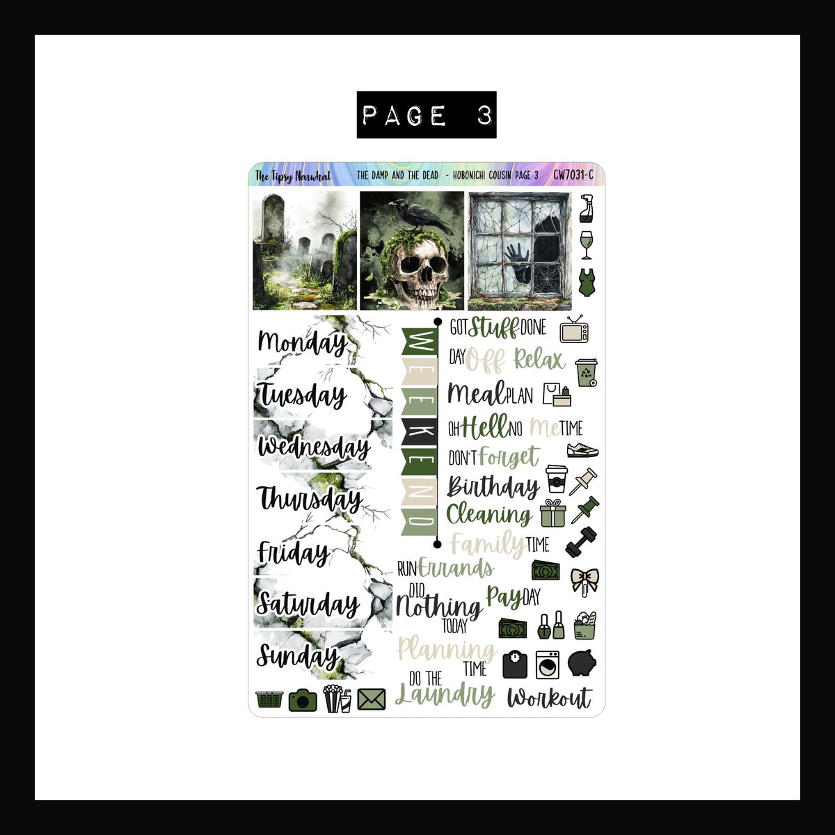 The Damp and The Dead Hobonichi Cousin Sticker Kit page 3 features deco boxes, daily date covers, icon and script stickers.