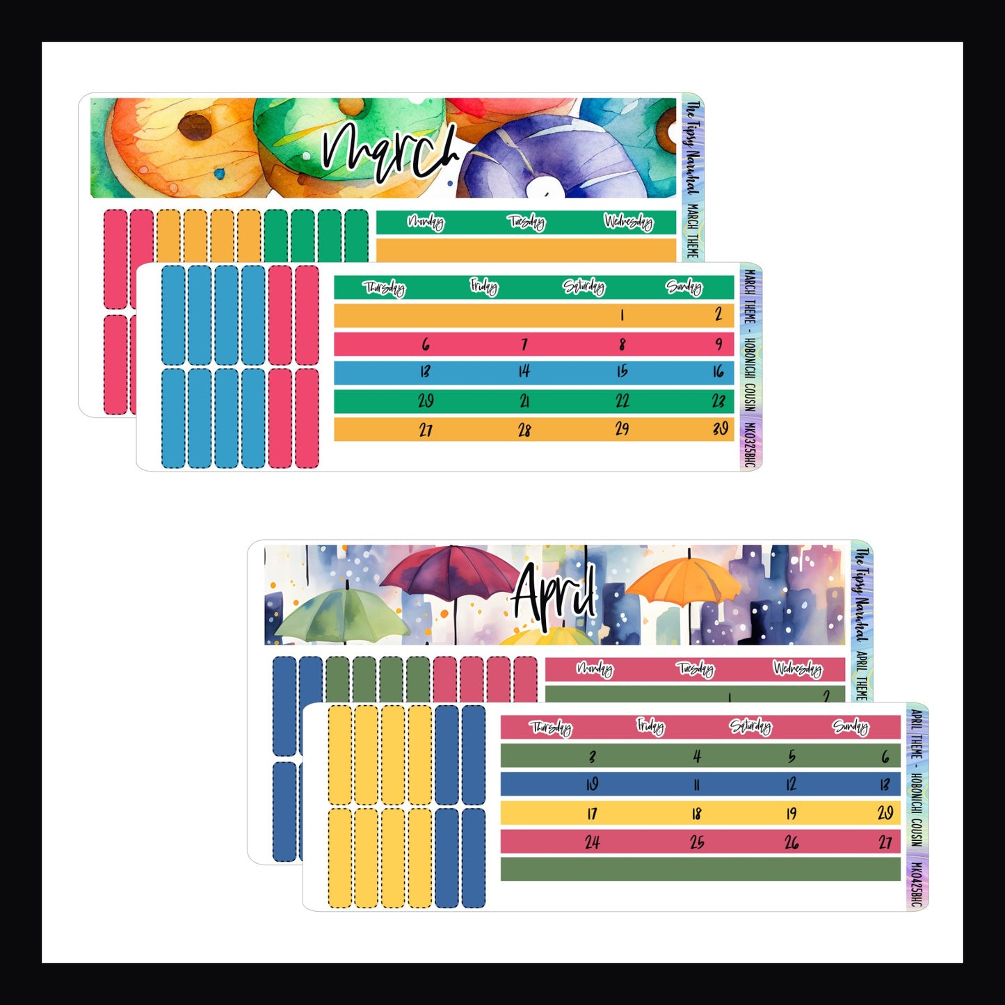 March and April 2025 Themed Monthly Kits.  March features a bright donut theme with a rainbow color palette.  April also features a rainbow color palette with an umbrella theme. 