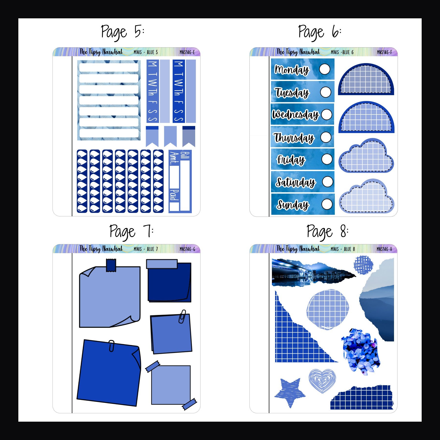 Blue Freestyle Minis pages 5-8. Each quarter sized sticker sheet features a unique selection of blue themed functional stickers. 