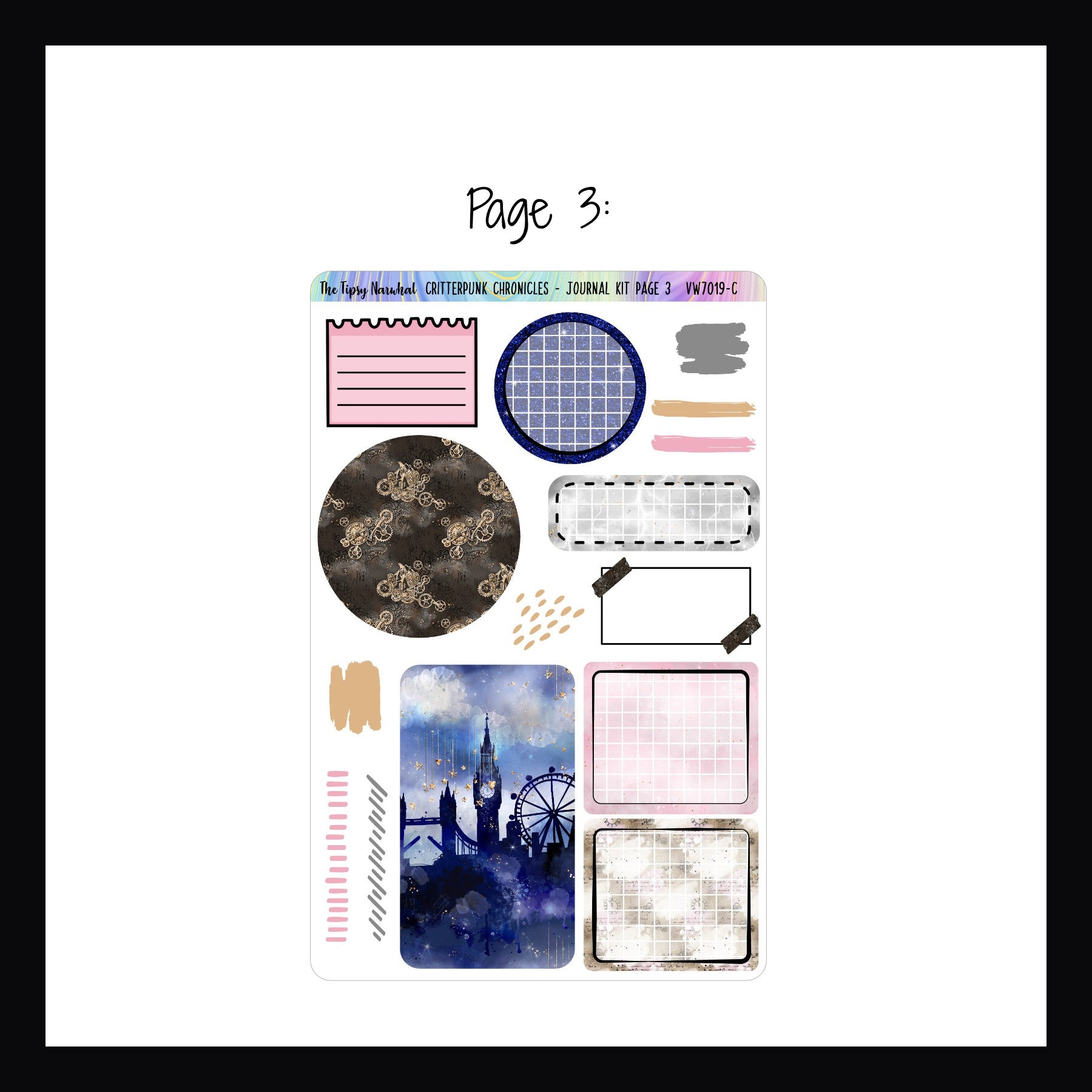 Critterpunk Chronicles Journal Kit page 3 features several box stickers, some with grids for journaling, circle stickers, note style stickers, and a handful of scribble style stickers. 