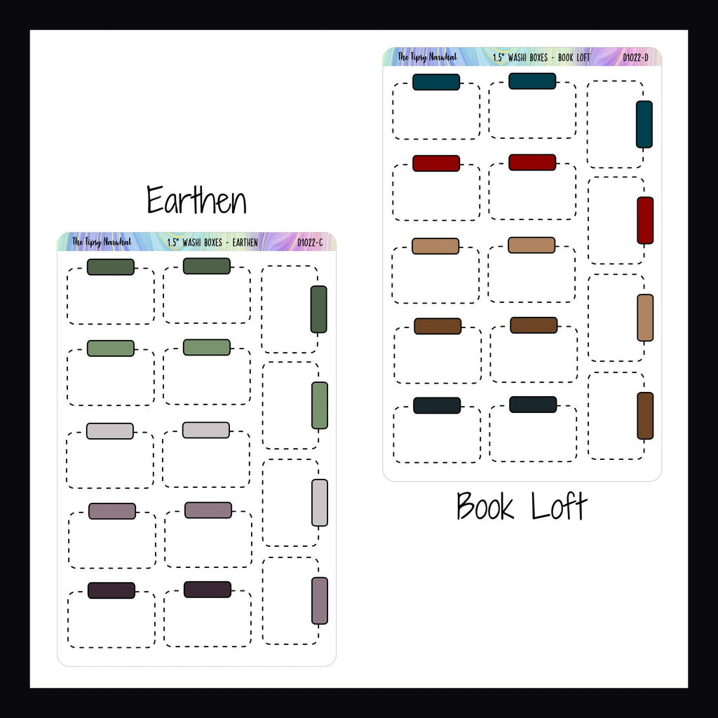 Functional Stickers - 1.5 inch washi boxes earthen and book loft variants shown