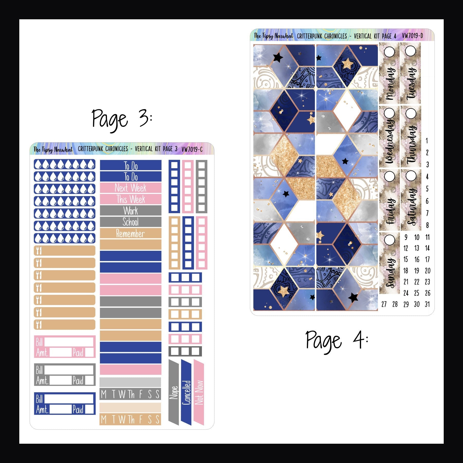 Critterpunk Chronicles Vertical Weekly Kit Pages 3 and 4.  Page 3 features header stickers, hydration tracking, meal tracking, bill tracking, habit tracking stickers as well as checklists and some cancellation stickers.  Page 4 features washi strips and date covers. 