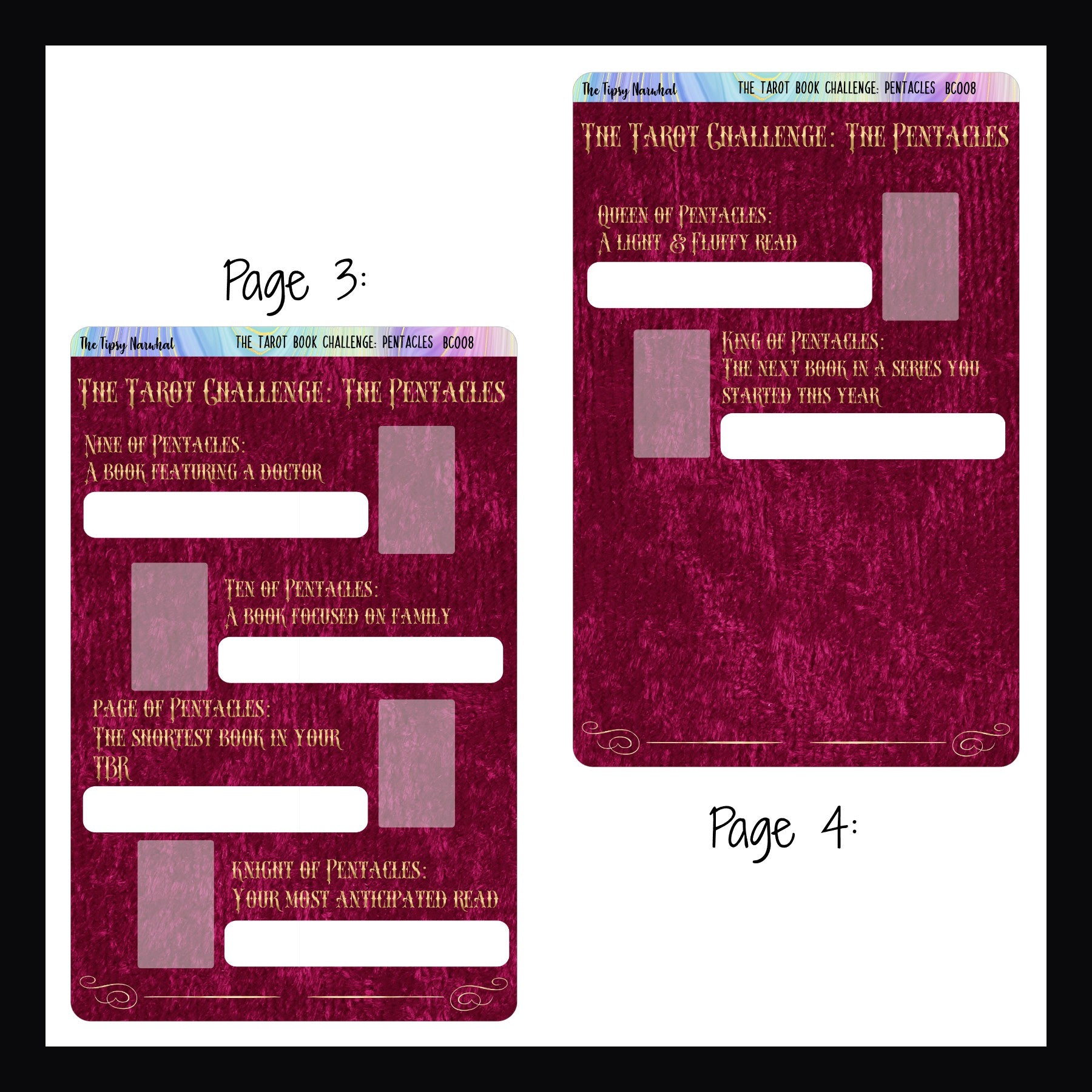 The Tarot Book Challenge: Pentacles pages 3 & 4.  Page 3 features 4 book prompts while book 4 features 2.  Both pages have space to write in the book info as well as a space to place the corresponding card sticker when the book is complete. 