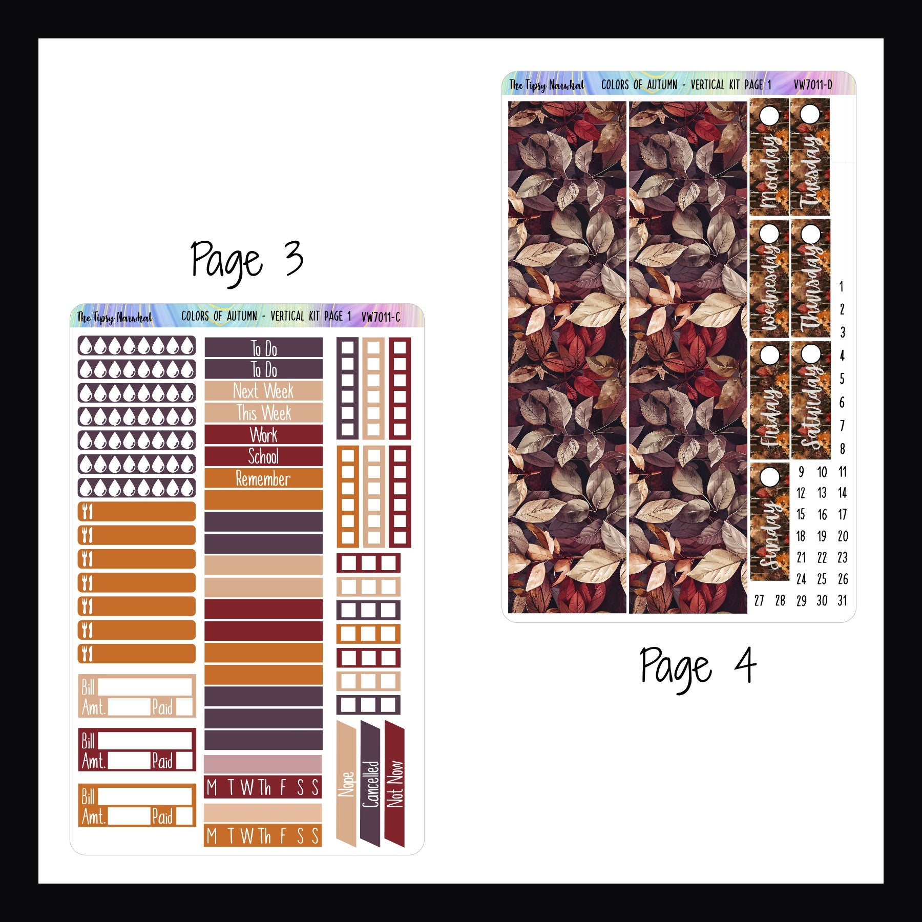 Colors of Autumn Vertical Weekly Kit pages 3 and 4.  Page 3 features headers, checklists, habit trackers, bill tracking, water tracking and meal tracking stickers. Page  features washi and date covers. 