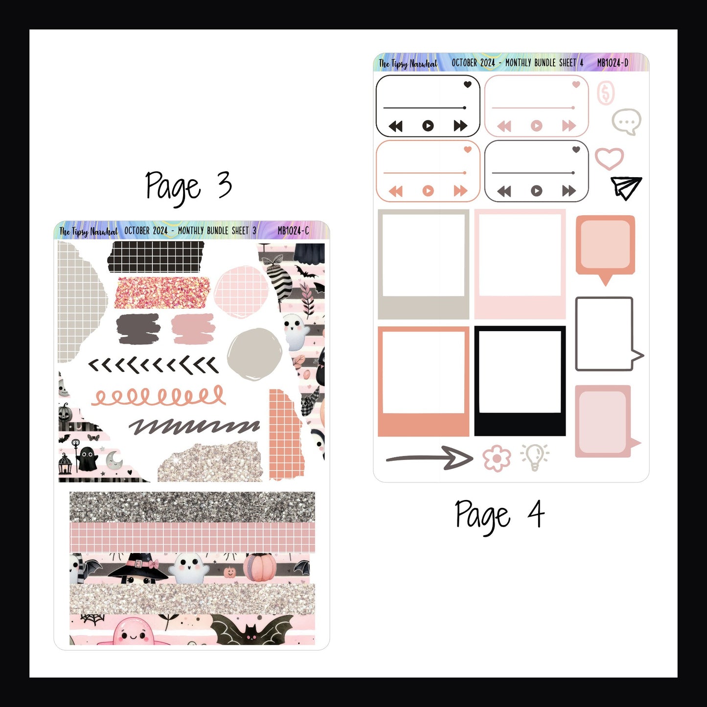 October 2024 Monthly Bundle Pages 3 and 4.  Page 3 features washi strips, various scribbled stickers, and a collection of decor stickers with a ripped edge appearance.  Page 4 consists of playlist stickers, photo frame stickers, speech bubble sticker and some daily icons. 
