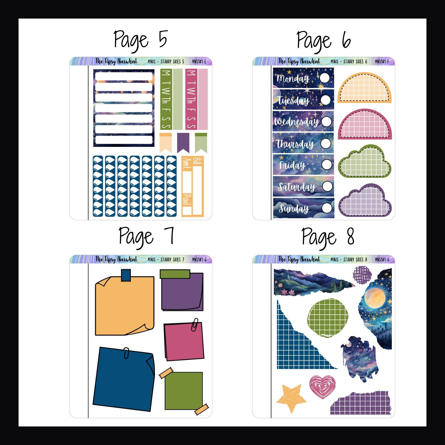 The Starry Skies Freestyle Minis pages 5-6.  Page 5 features tracking stickers, page 6 date covers.  Page 7 is filled with sticky note style stickers and Page 8 features decorative rips and scribble stickers. 