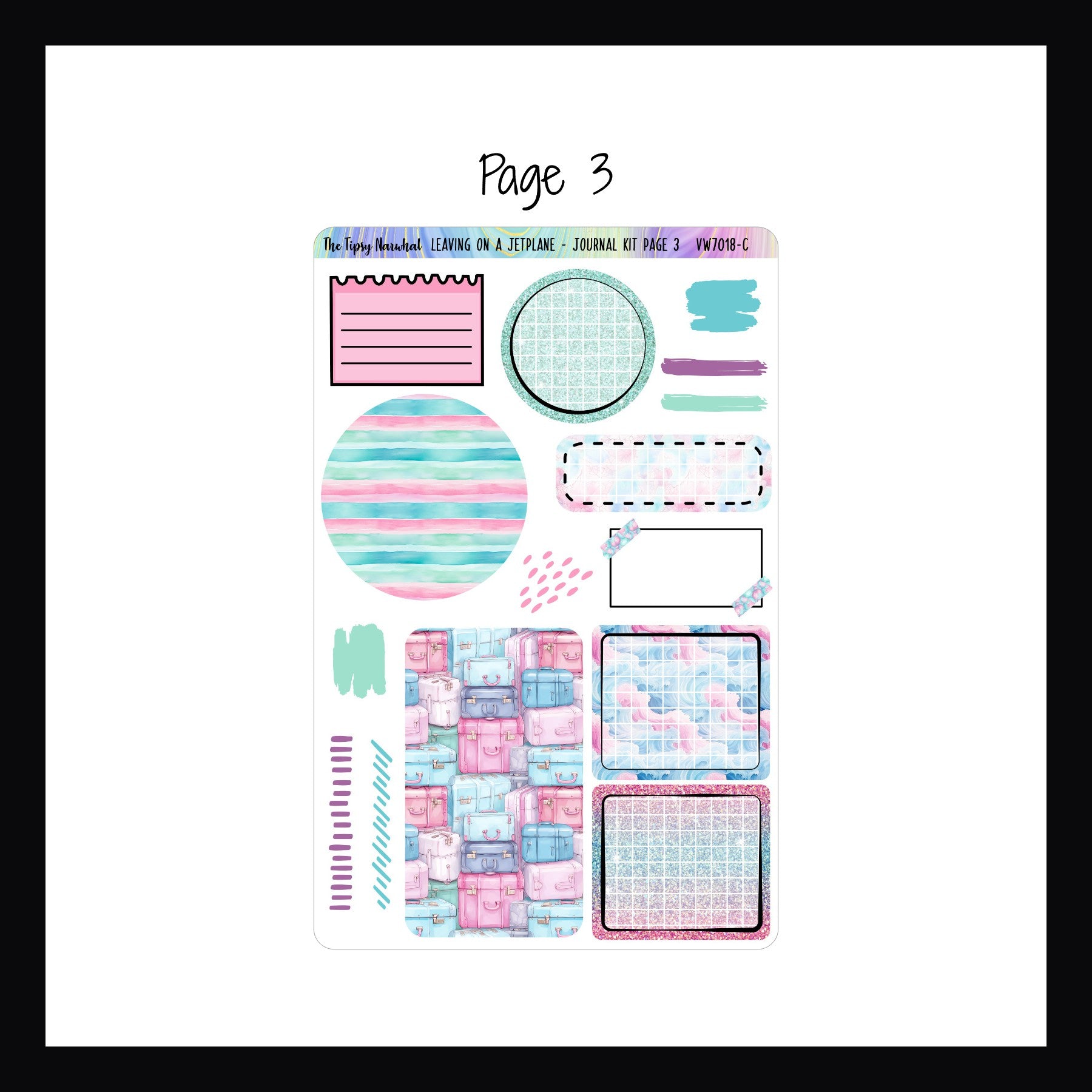 Leaving on a Jet Plane Journal Kit page 3 features scribble stickers, decorative circles, decorative square stickers some with space for journaling. 