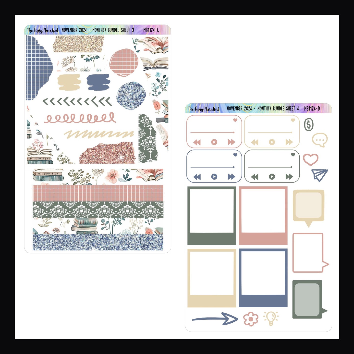 November 2024 Monthly Bundle Pages 3 and 4.  Page 3 features rips, scribbles, and washi style stickers.  Page 4 features playlist stickers, speech bubble stickers and photo frame style stickers. 
