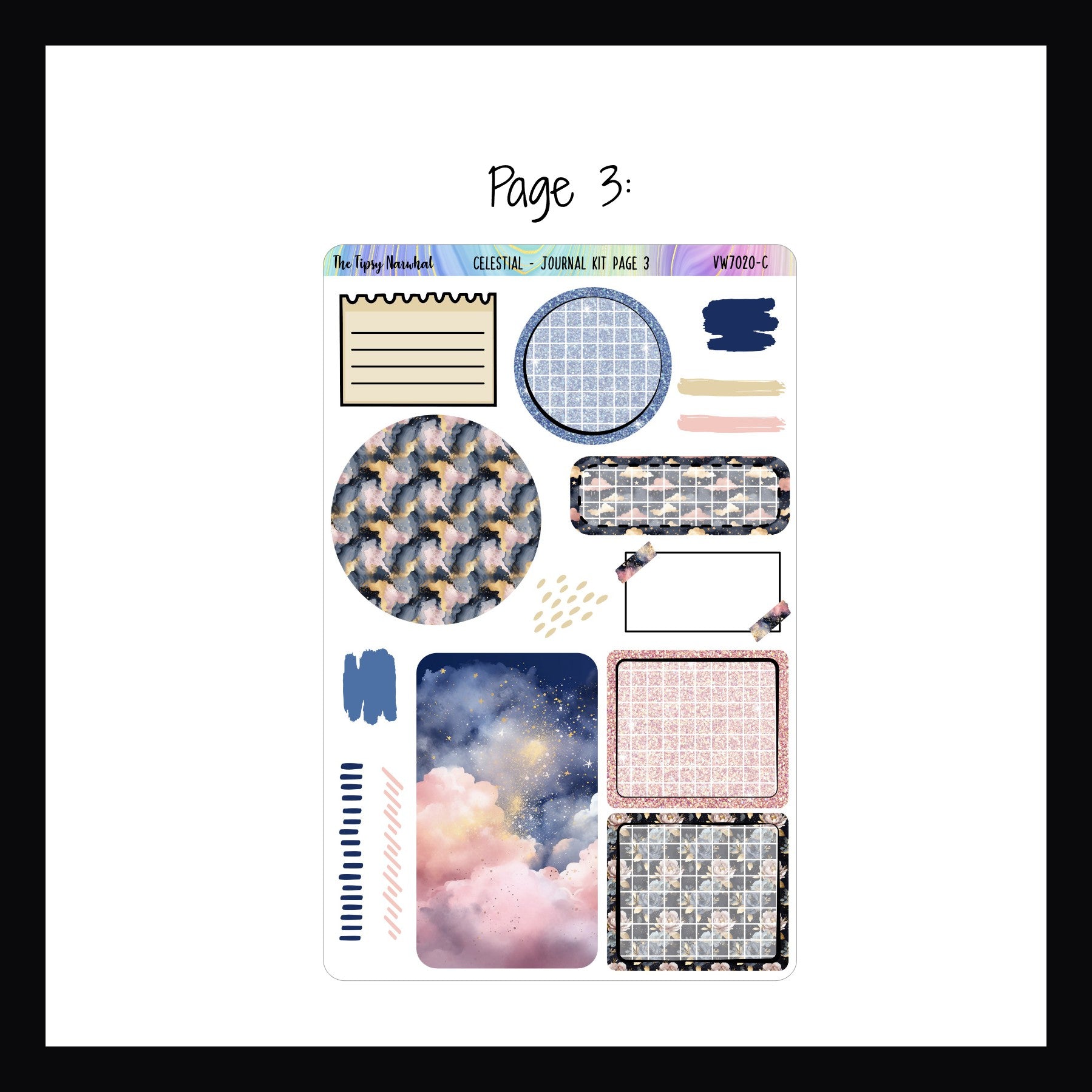 Celestial Journal Kit Page 3 on white background. Page 3 features decorative shapes and journal block stickers. 