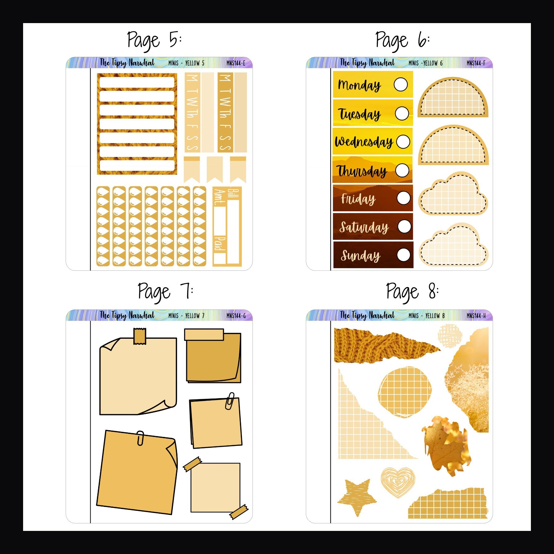 Yellow Freestyle Minis pages 5-8.  Each sheet features a unique selection of yellow functional stickers. 