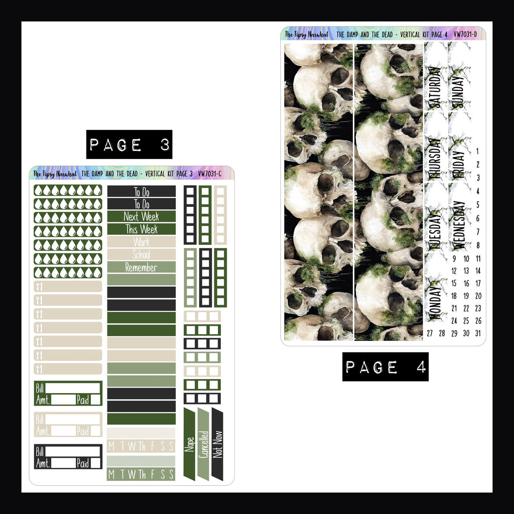 The Damp and The Dead Vertical Weekly Sticker Kit pages 3 and 4.  Page 3 features tracking stickers, headers and checklists. Page 4 features washi and date covers.
