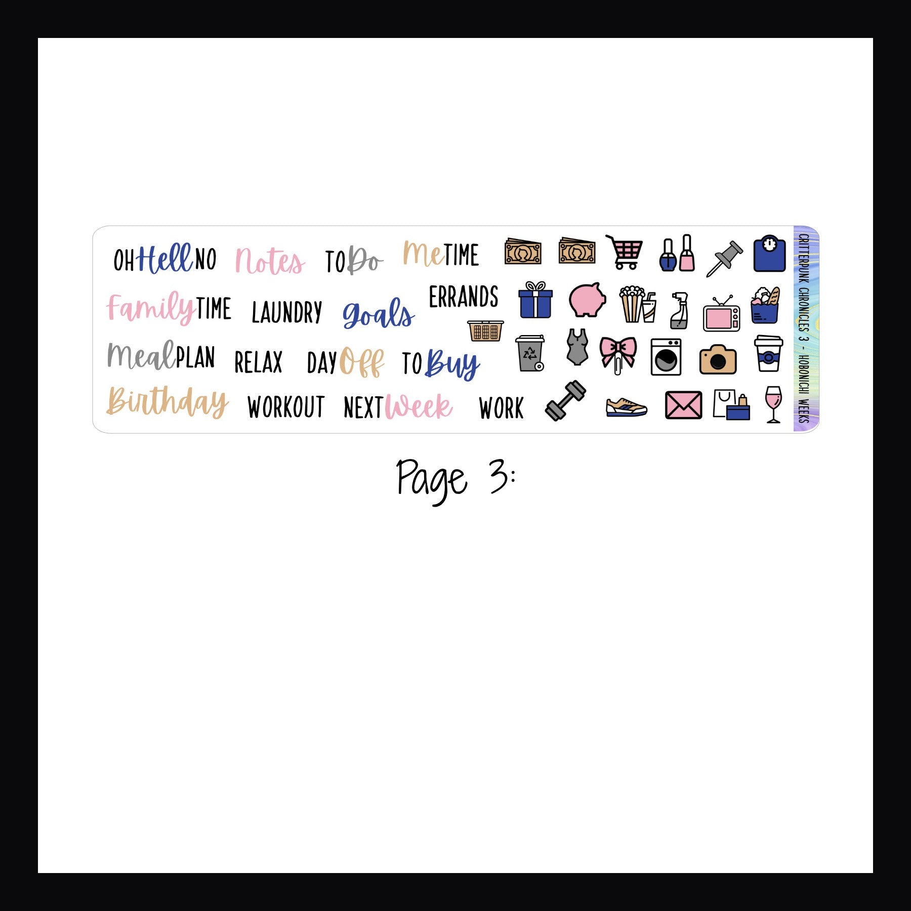 Critterpunk Chronicles Hobonichi Weeks Kit page 3 features script stickers and daily icon stickers. 