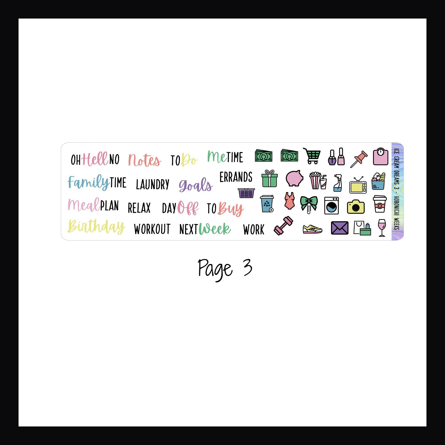 Ice Cream Dreams Hobonichi Weeks kit page 3 features script stickers and daily icon stickers. 