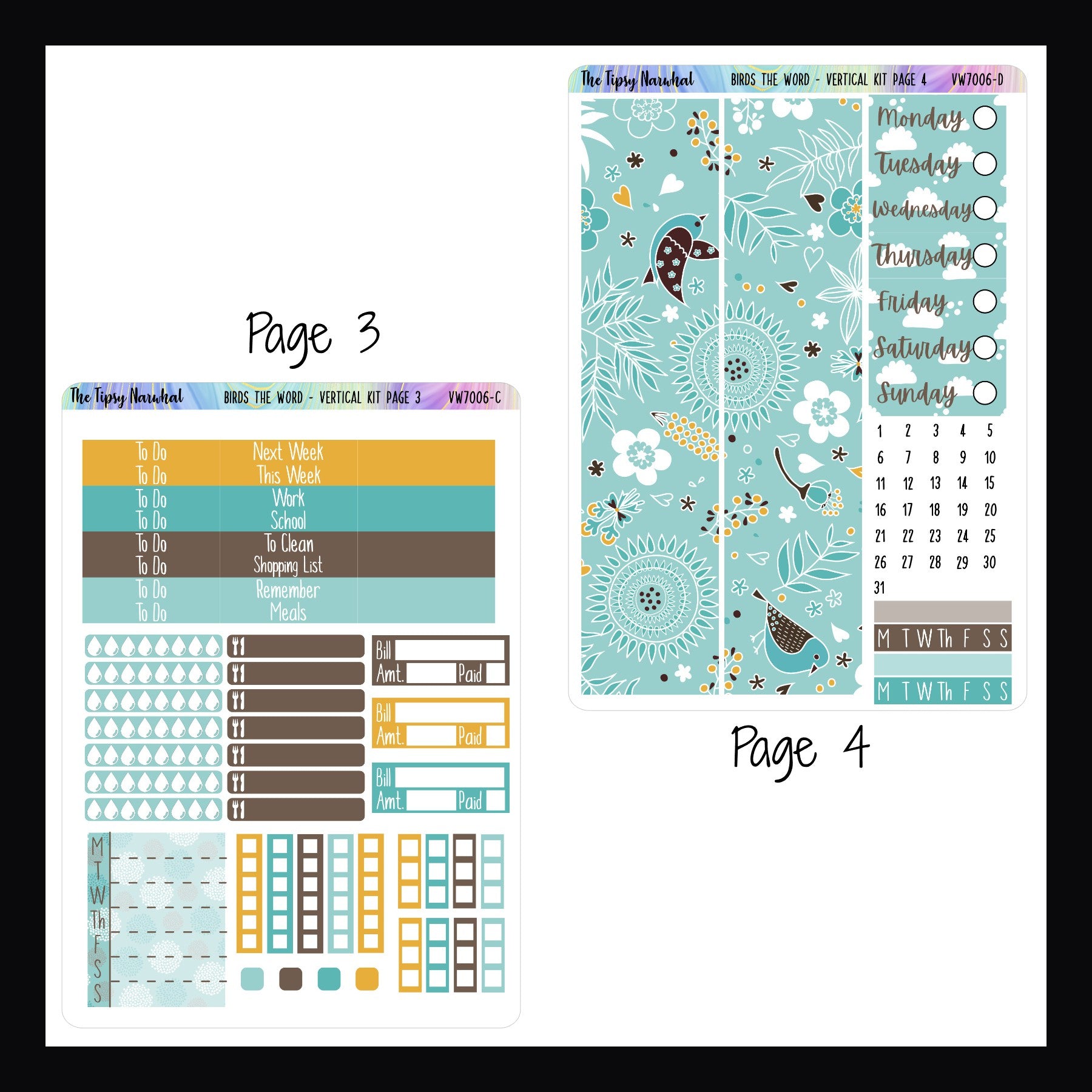 Digital Birds the Word Vertical Kit pages 3 and 4.  Page 3 features header and checklists stickers, water and meal tracking and bill due stickers.  Page 4 features washi strips, habit trackers and date covers. 