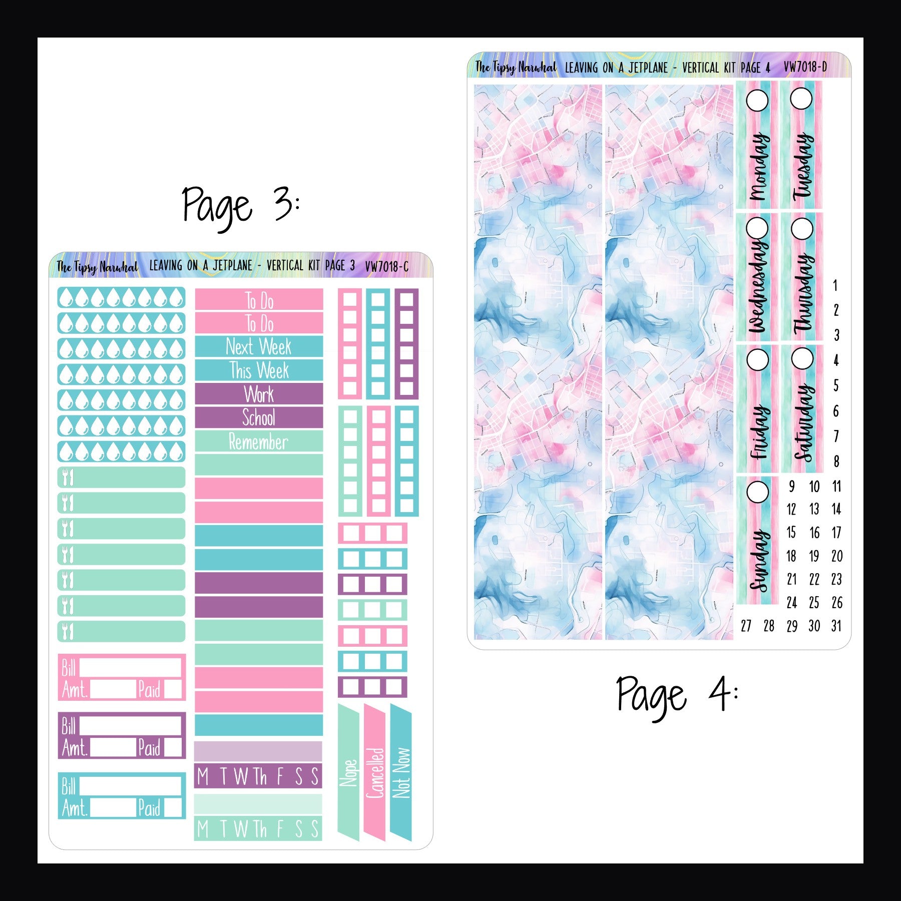 Leaving on a Jetplane Vertical Kit pages 3 and 4.  Page 3 features headers, checklists, habit trackers, bill trackers, meal stickers, and hydration tracking stickers.  Page 4 features full sized washi strips and date covers. 