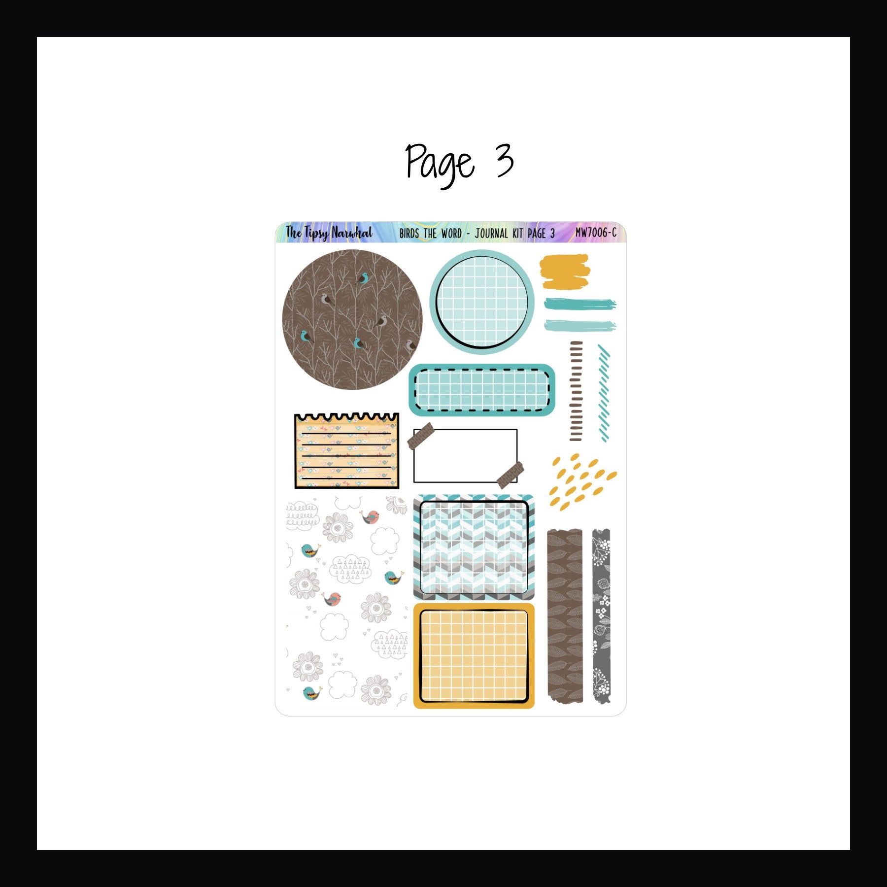 Birds the Word Journal Kit page 3 features additional scribble stickers, some washi strips and multiple box and circle stickers. 