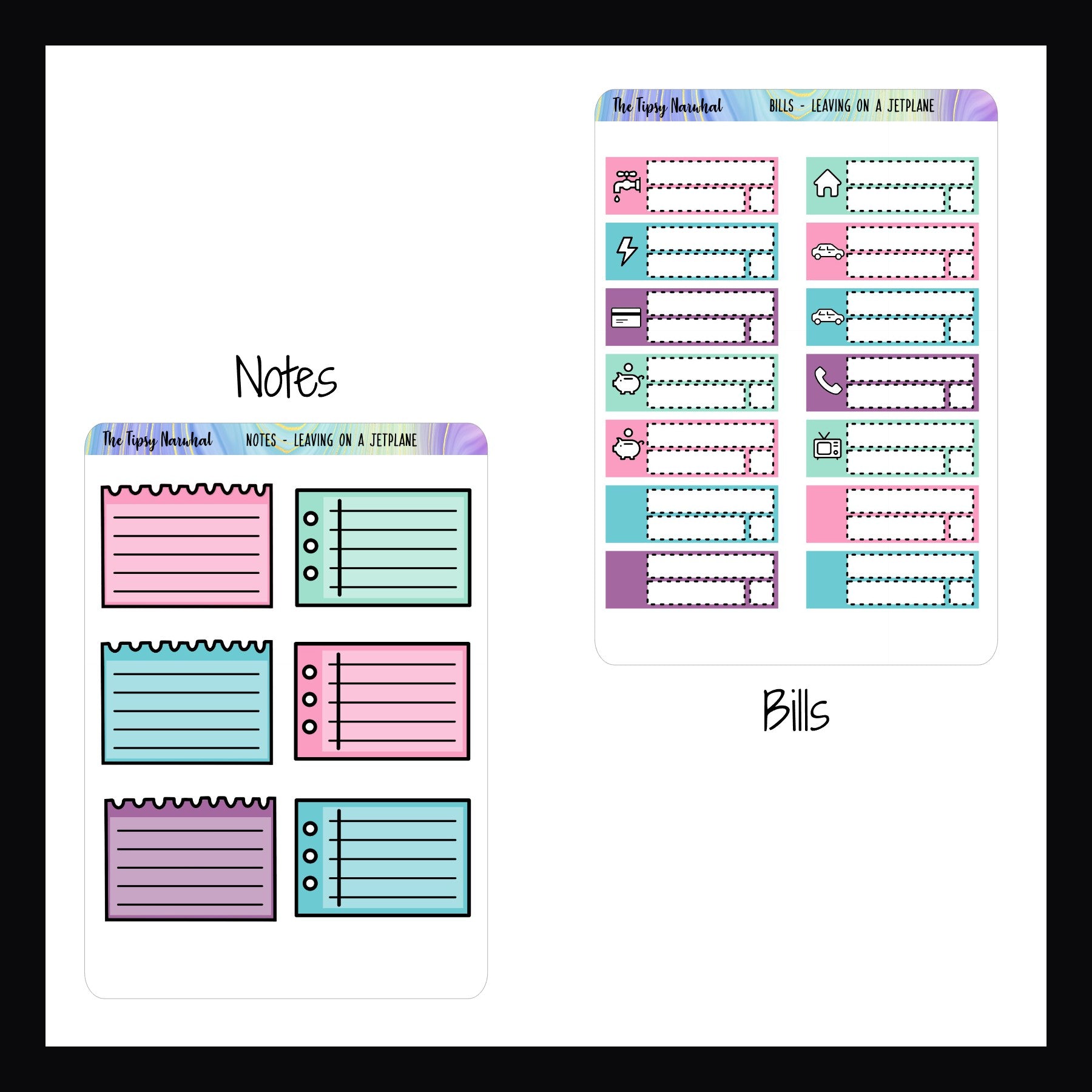 Leaving on a Jet Plane Notes and Bills sheets.  Notes sheet features 6 notes style stickers in two different formats.  The Bills sheet features 14 tracking stickers with icons for most common bills, 4 stickers are blank for custom options. 