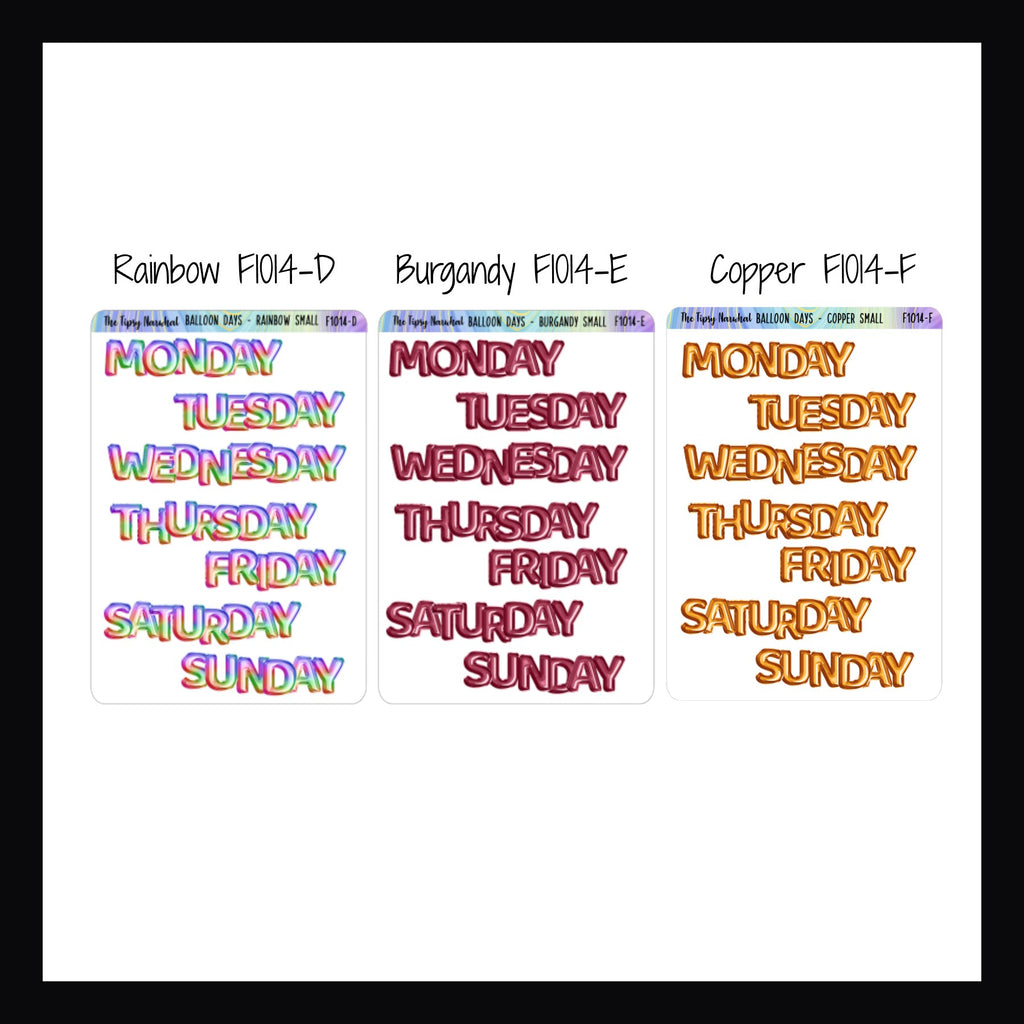Small Daily Balloon Headers shown in Rainbow, Burgandy, and Copper