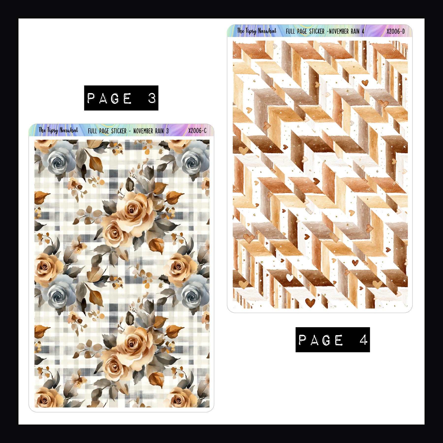 November Rain Full Page Stickers Pages 3 and 4.  Page 1 features a plaid pattern with bouquets of leaves and roses. Page 4 features a geometric pattern of autumn colors and hearts. 