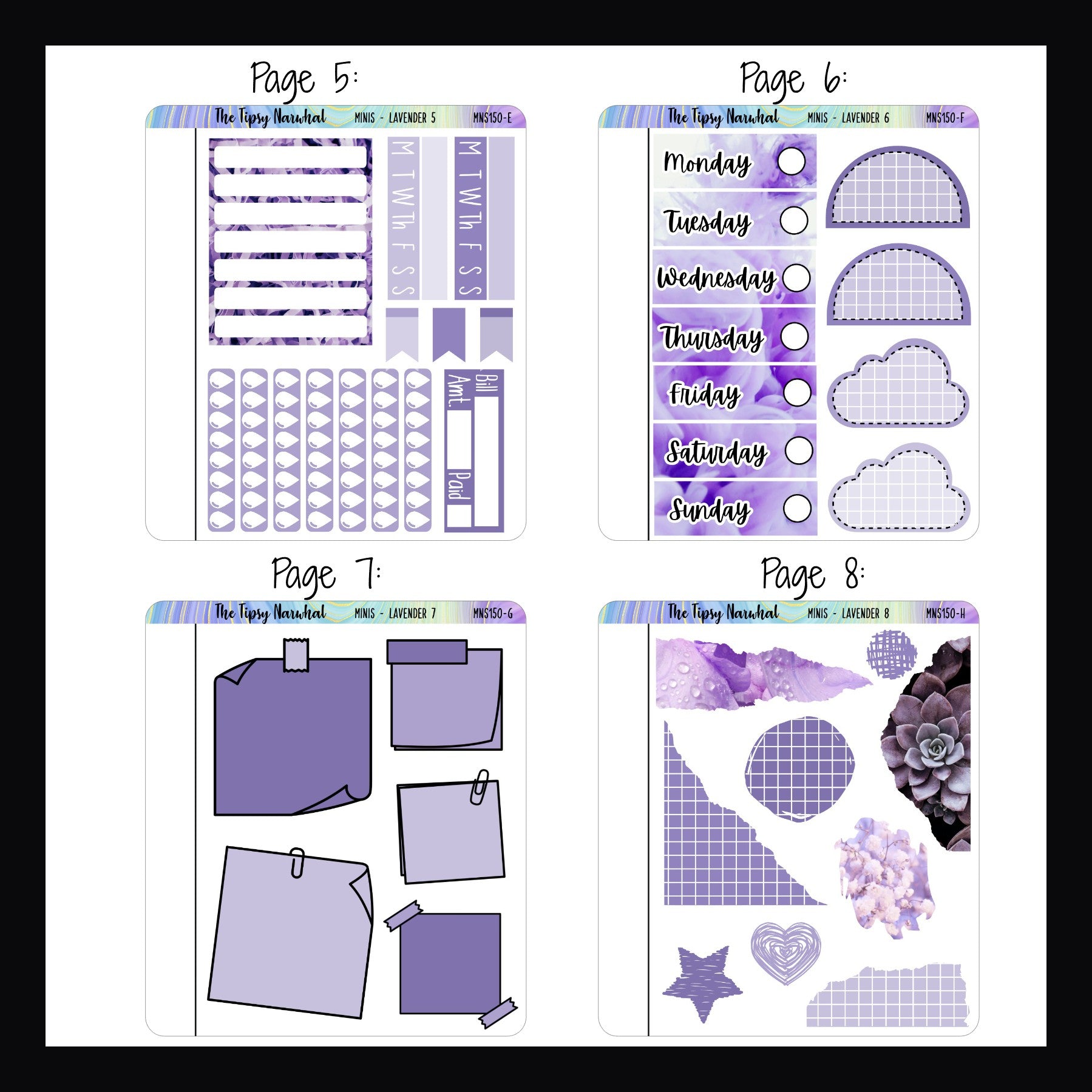 Lavender Freestyle Minis pages 5-8.  Each quarter sheet sized sticker page features a selection of lavender functional stickers. 