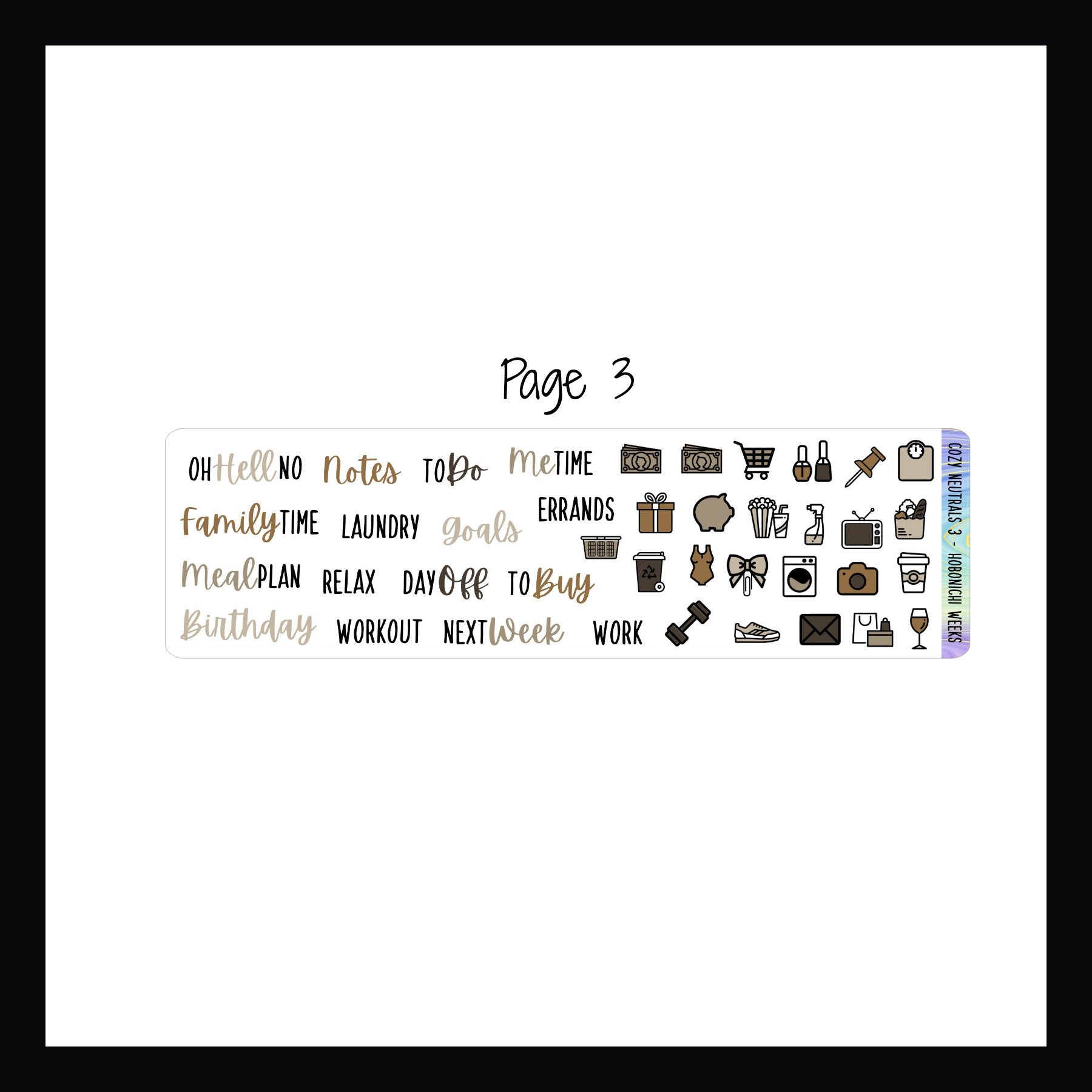 Cozy Neutrals Hobonichi Weeks page 3 features script stickers and daily icon stickers. 