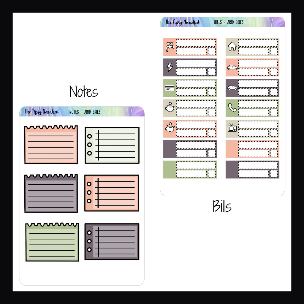 Set of planner stickers for notes and bills on a white background