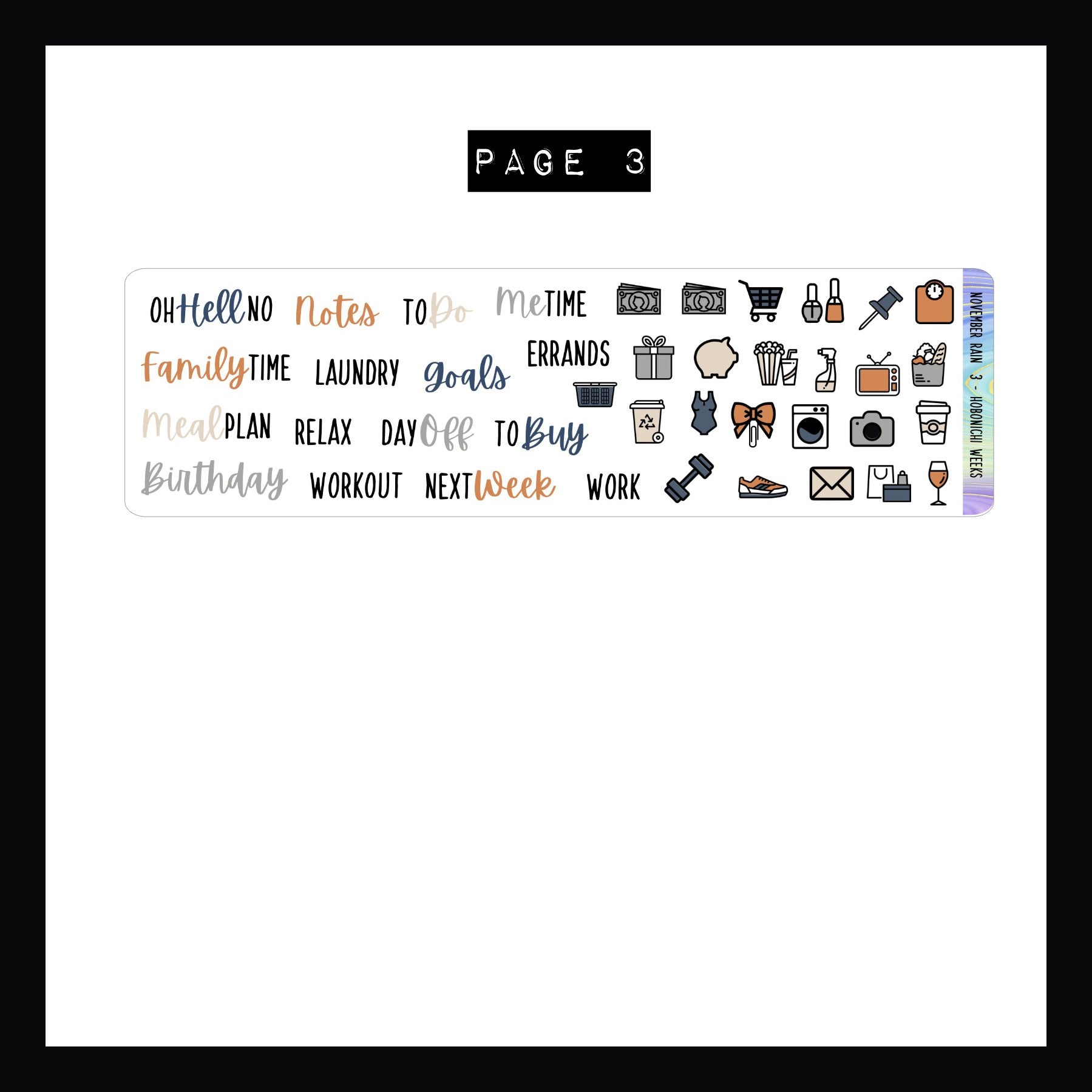 November Rain Hobonichi Weeks Kit page 3 features a collection of script style stickers and daily icon stickers. 