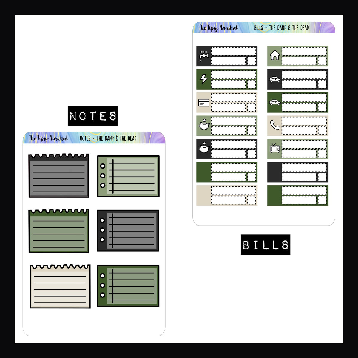 The Damp and The Dead Functional Sticker Add-ons Notes sticker sheet and Bills Sticker sheets.