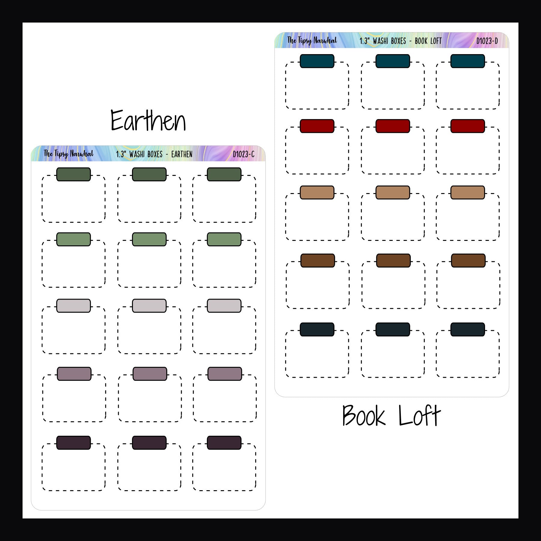 Functional Stickers - 1.3 Inch Washi Boxes Earthen and Book Loft variants shown on a w white background.