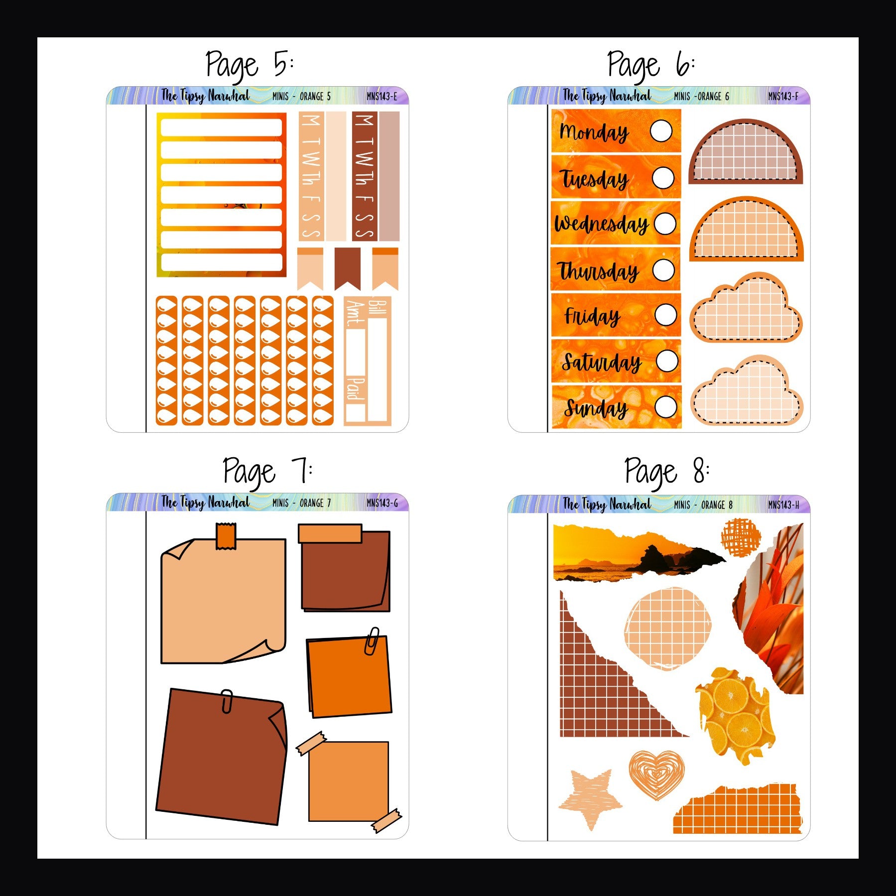 Orange Freestyle Mini Sheets 5-8.  Each page features a different selection of orange themed stickers.