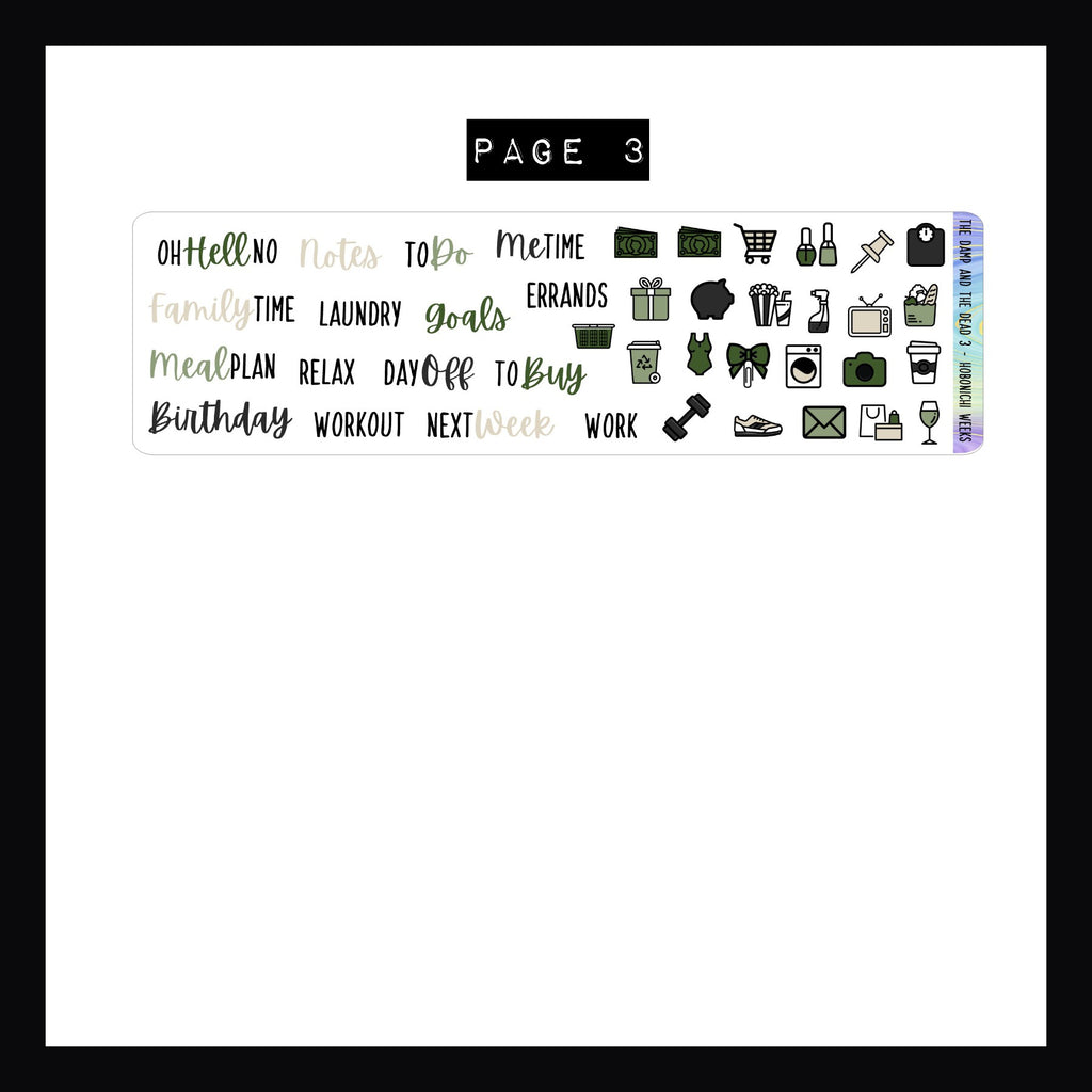 The Damp and The Dead Hobonichi Weeks Sticker Kit page 3 features a selection of icon stickers and script stickers.