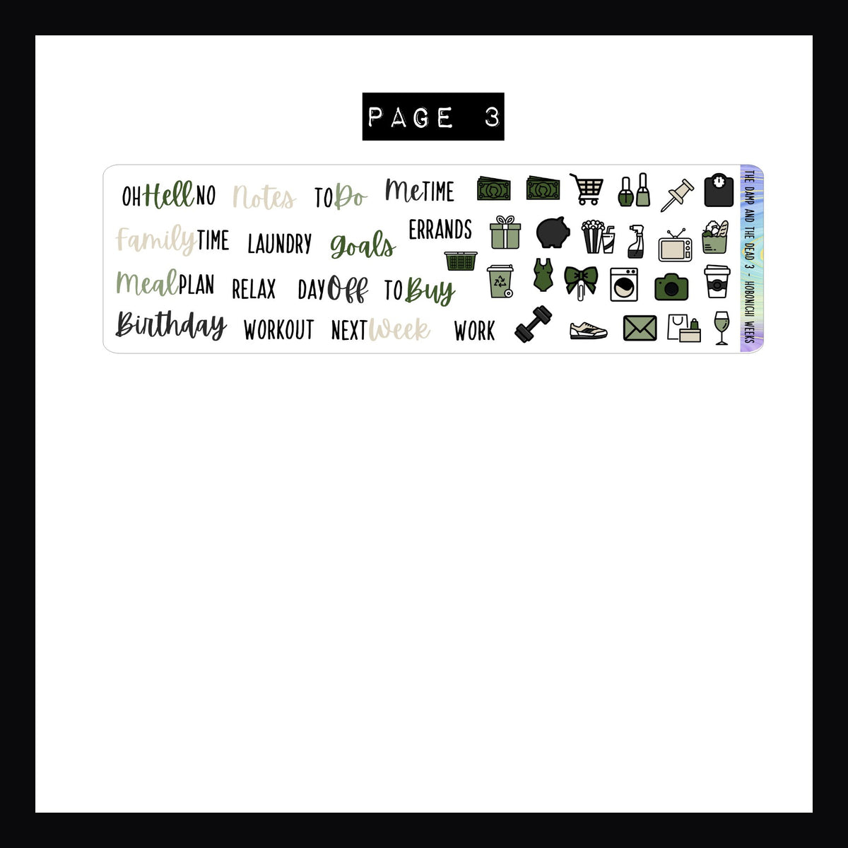 The Damp and The Dead Hobonichi Weeks Sticker Kit page 3 features a selection of icon stickers and script stickers.