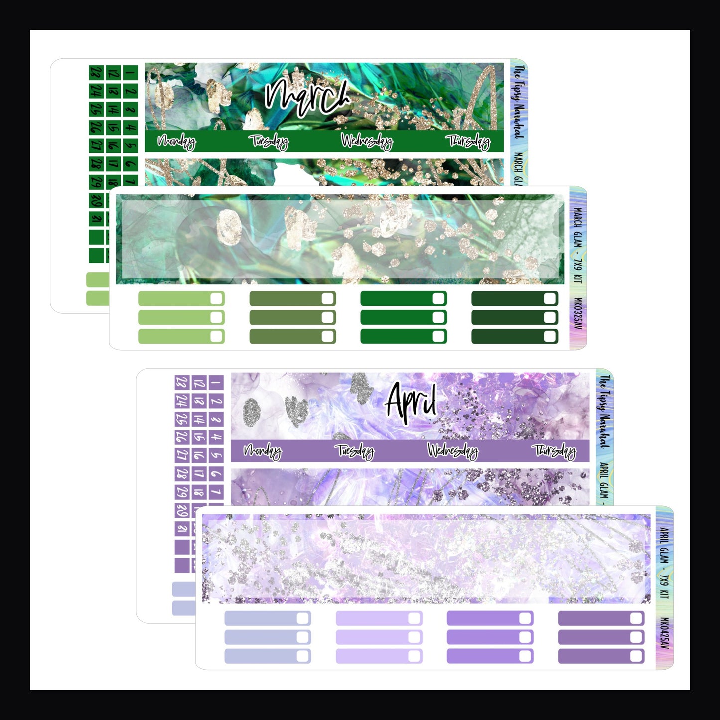 March and April Glam Monthly Kits for 7x9 vertical planners.  March features a green color palette with gold accents.   April features a lilac color palette with silver accents. 