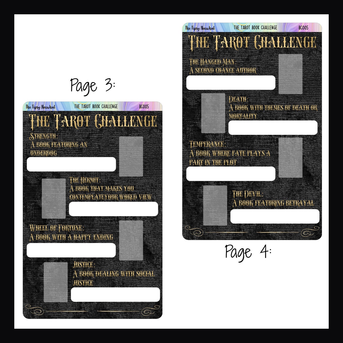 The Tarot Book Challenge pages 3 and 4.  Page 3 covers Strength, the hermit, wheel of fortune, and justice.   Page 4 covers the hanged man, death, temperance, and the devil. 