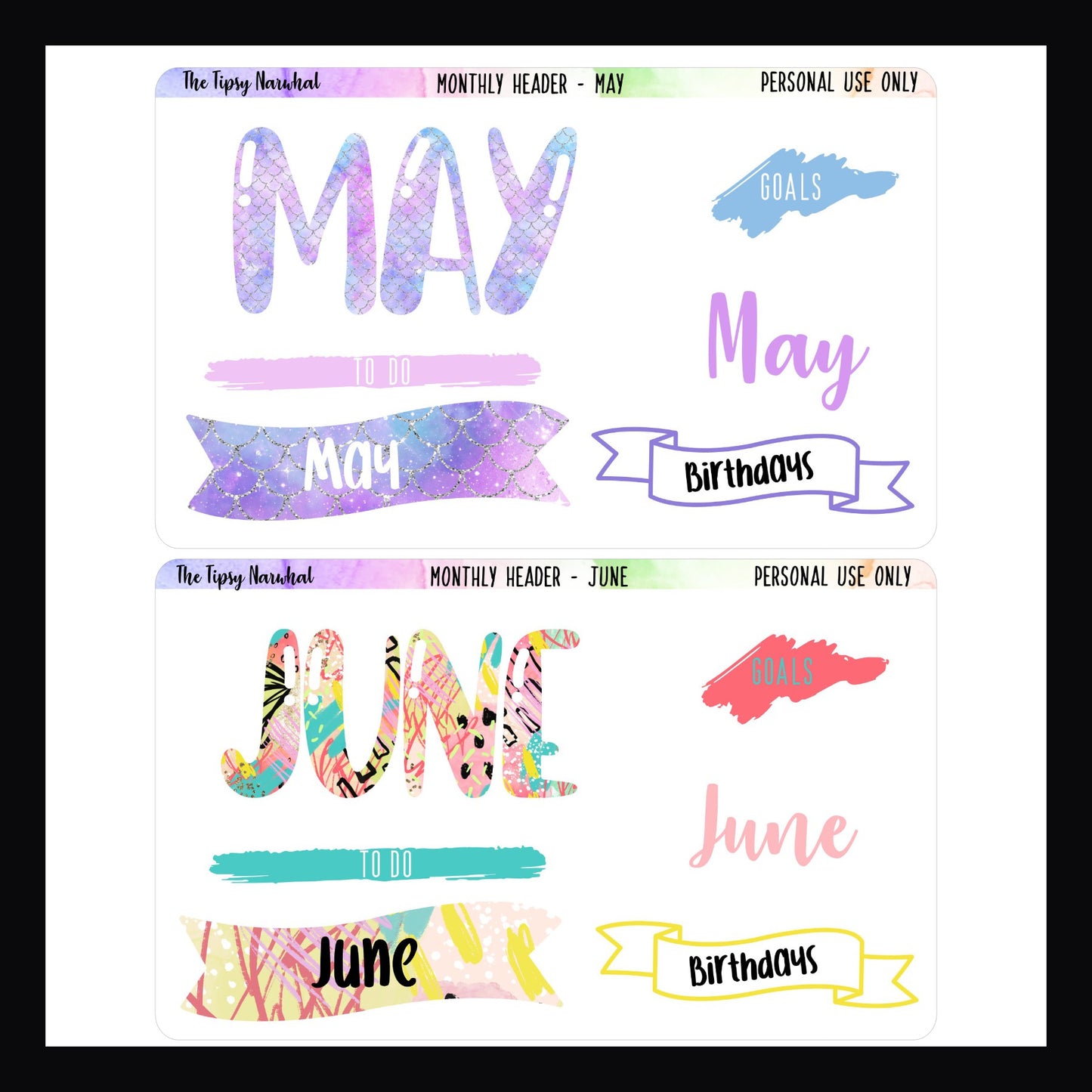 May title sheet, June title sheet, monthly titles, to dos, goals, birthdays, flags, scribbles, bubble letters