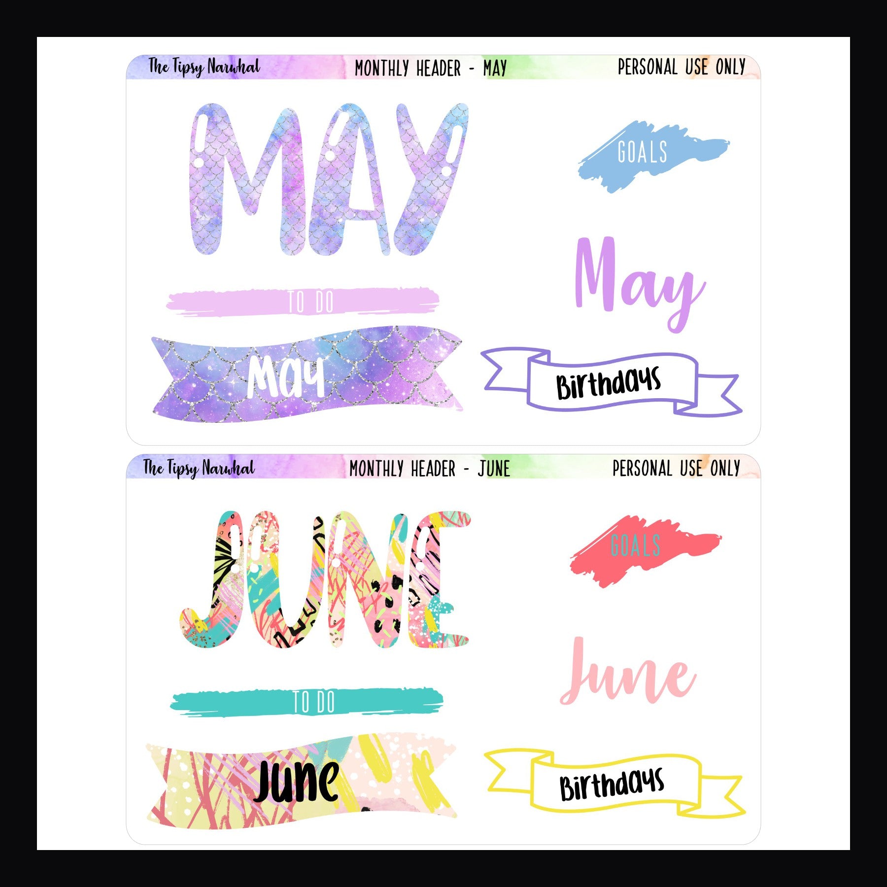 May title sheet, June title sheet, monthly titles, to dos, goals, birthdays, flags, scribbles, bubble letters