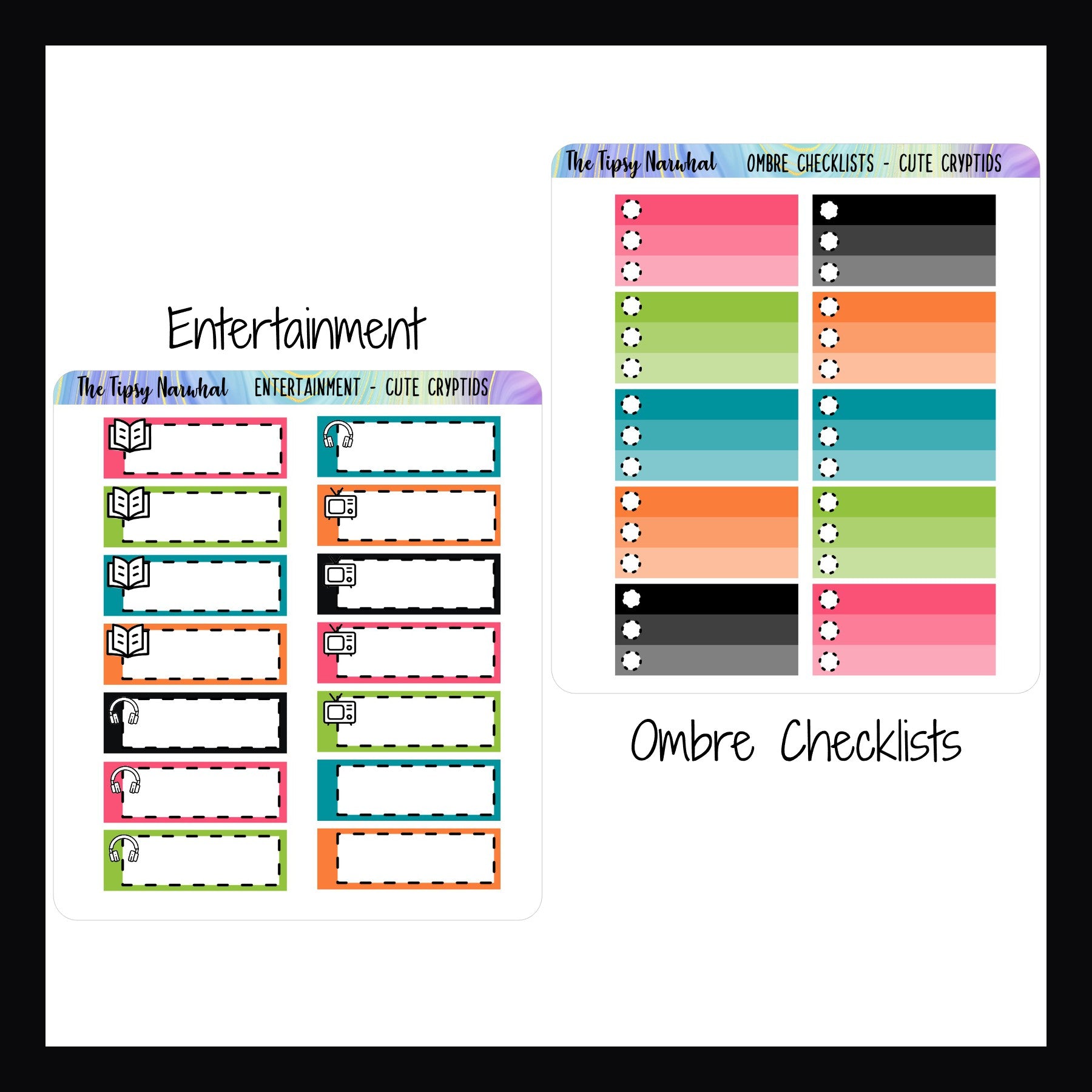 Digital Cute Cryptids Functional Add-ons Entertainment sheet and Ombre Checklist sheet. 